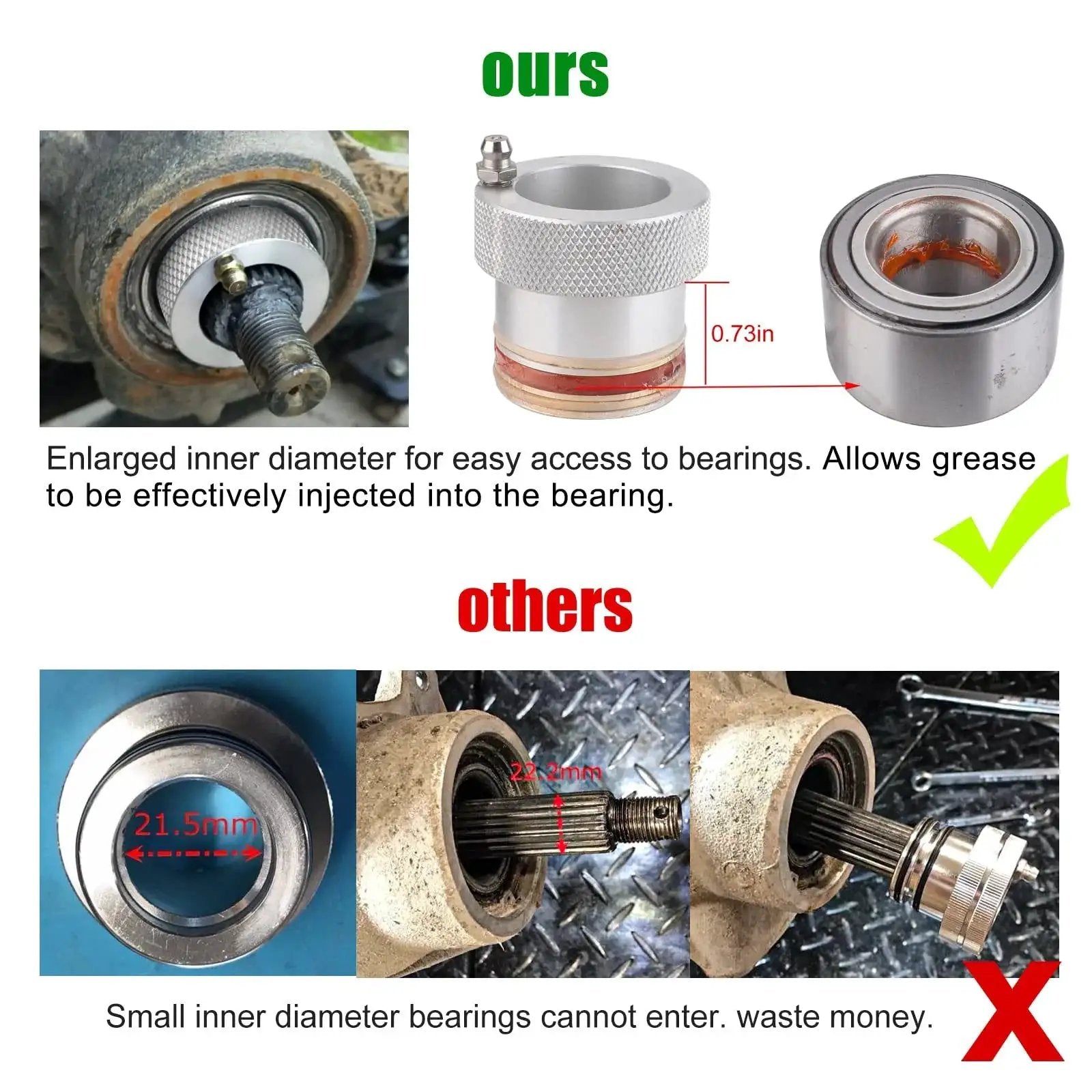 Comparison of 4 Piece Wheel Bearing Greaser Tools Set showing larger diameter fitting for Polaris Ranger and Can Am Maverick X3.