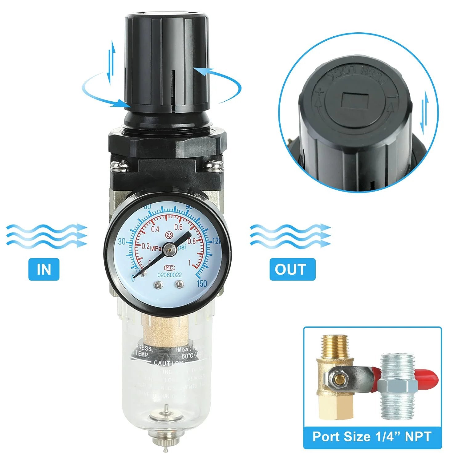 Front view of Quarter Inch All In One Air Compressor Filter Regulator Combo With Brass Filter Element Water Oil Separator And Pressure Gauge Manual Drain Ball Valve Bracket AW2000 02 Pro Grade, showing pressure gauge and connections.