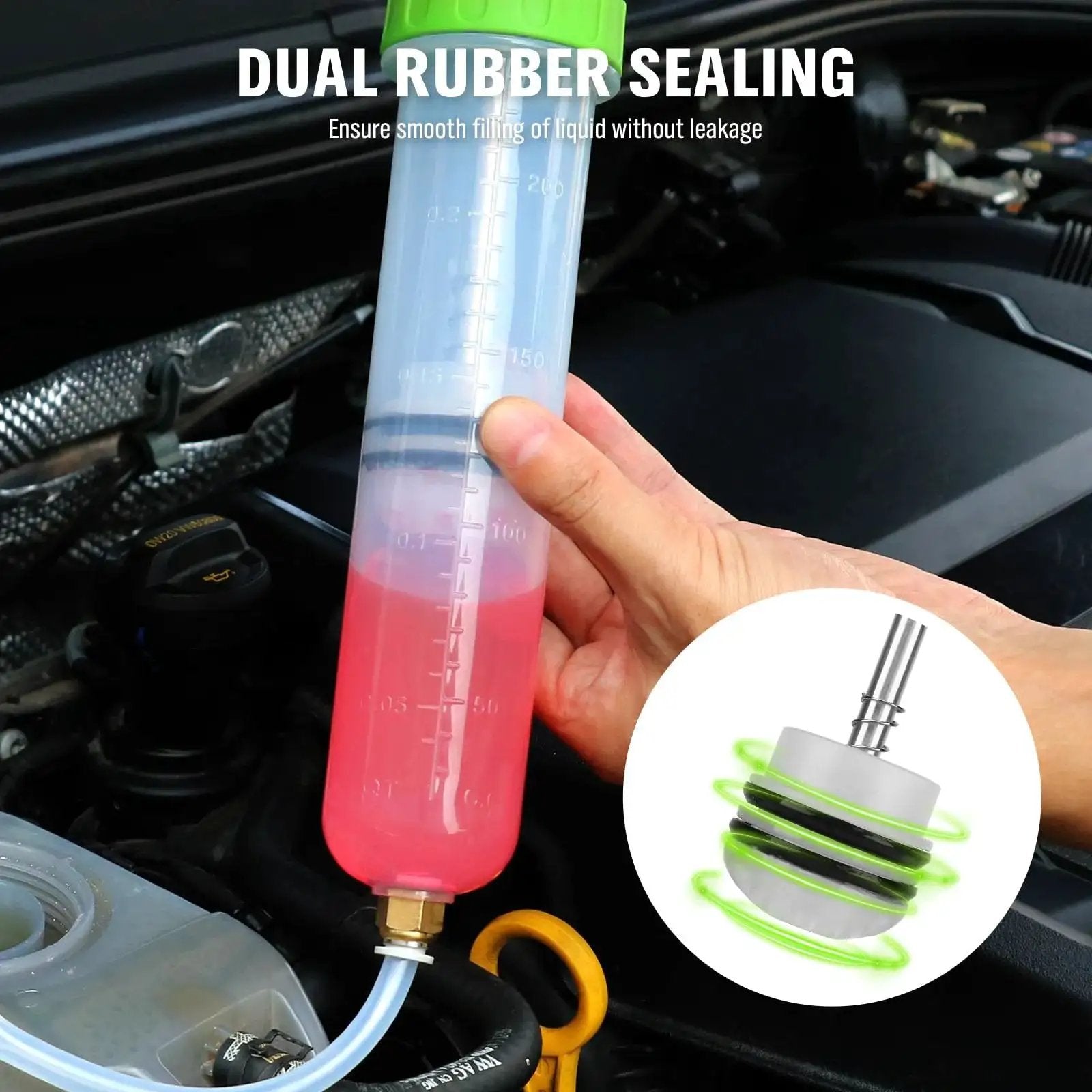200cc Fluid Extractor Pump For Car Fluids Extraction And Manual Suction Transfer in use with translucent cylinder visible