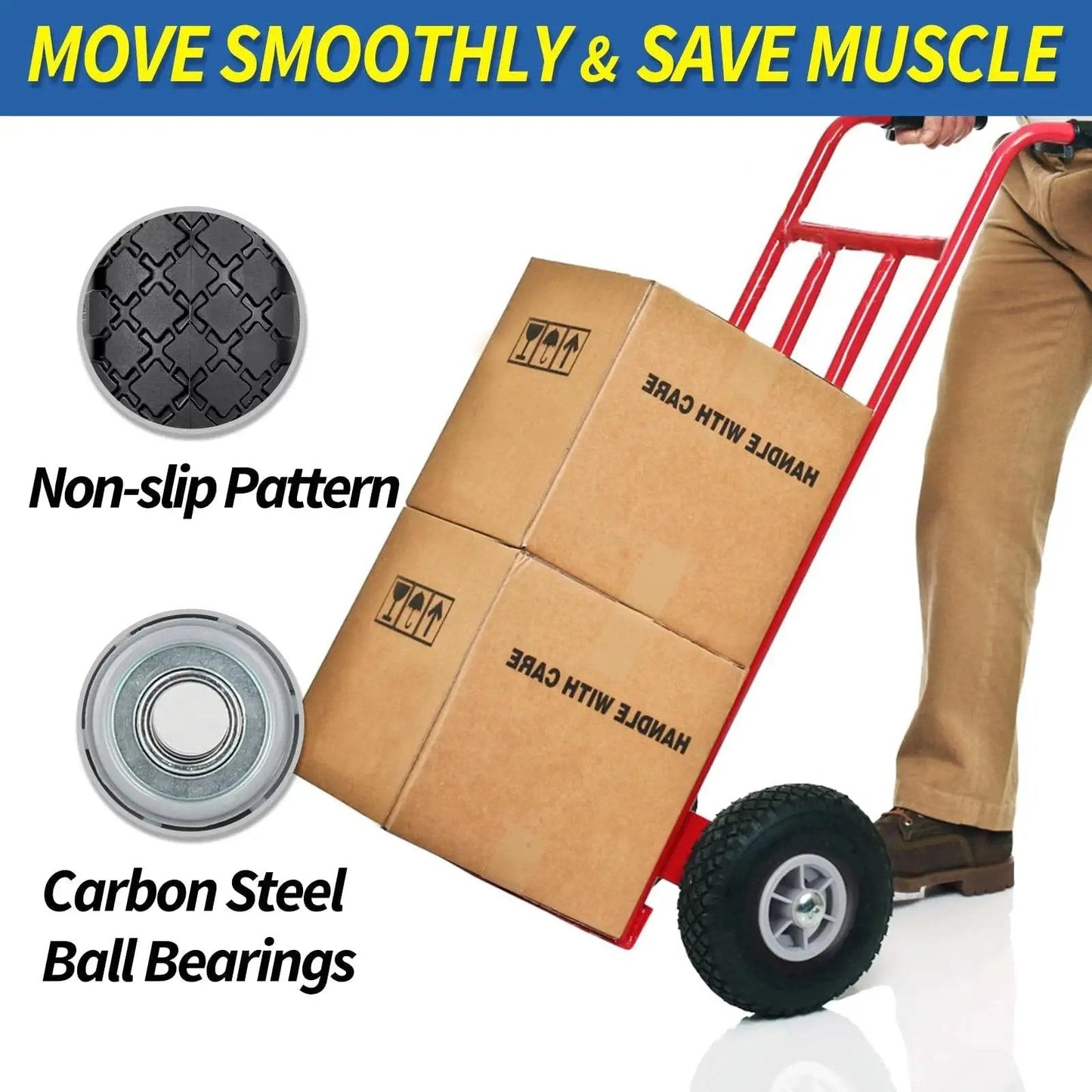Hand truck with 10x3.00-4 Flat Free Tire And Wheel Assembly for carts, featuring non-slip pattern and carbon steel ball bearings