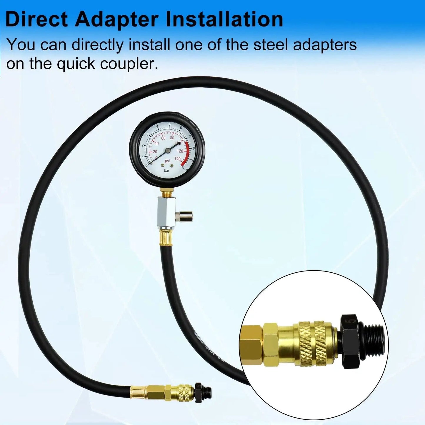 Oil Pressure Tester Tool Kit 0-140 PSI Gauge with hose and adapter for diagnostics, featuring direct adapter installation.