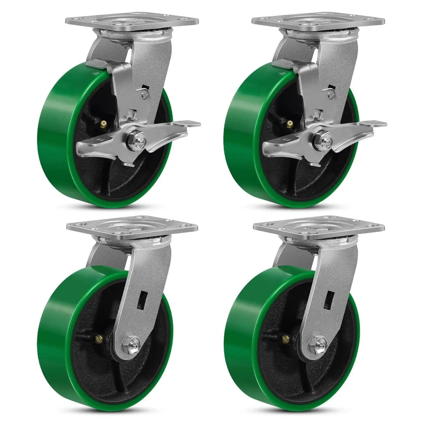 6 Inch Heavy Duty Casters Set Of Four With Grease Fitting, 4800 Lbs Load Capacity, Quiet Industrial Caster Wheels, 2 Brakes And 2 Swivel