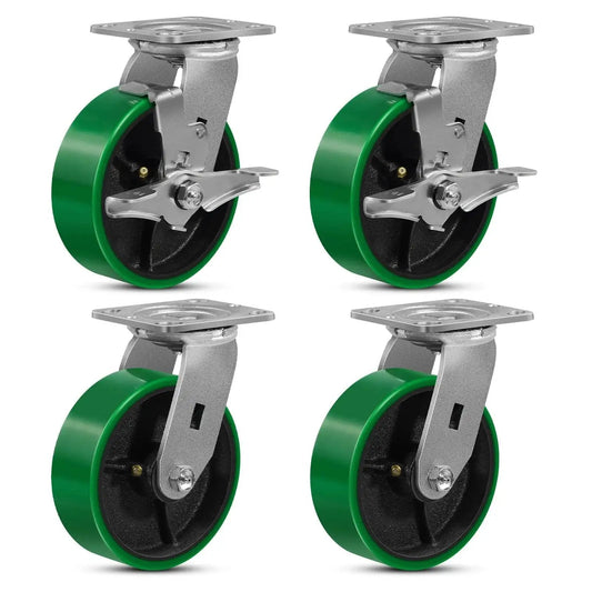 6 Inch Heavy Duty Casters Set Of Four With Grease Fitting, 4800 Lbs Load Capacity, Quiet Industrial Caster Wheels, 2 Brakes And 2 Swivel