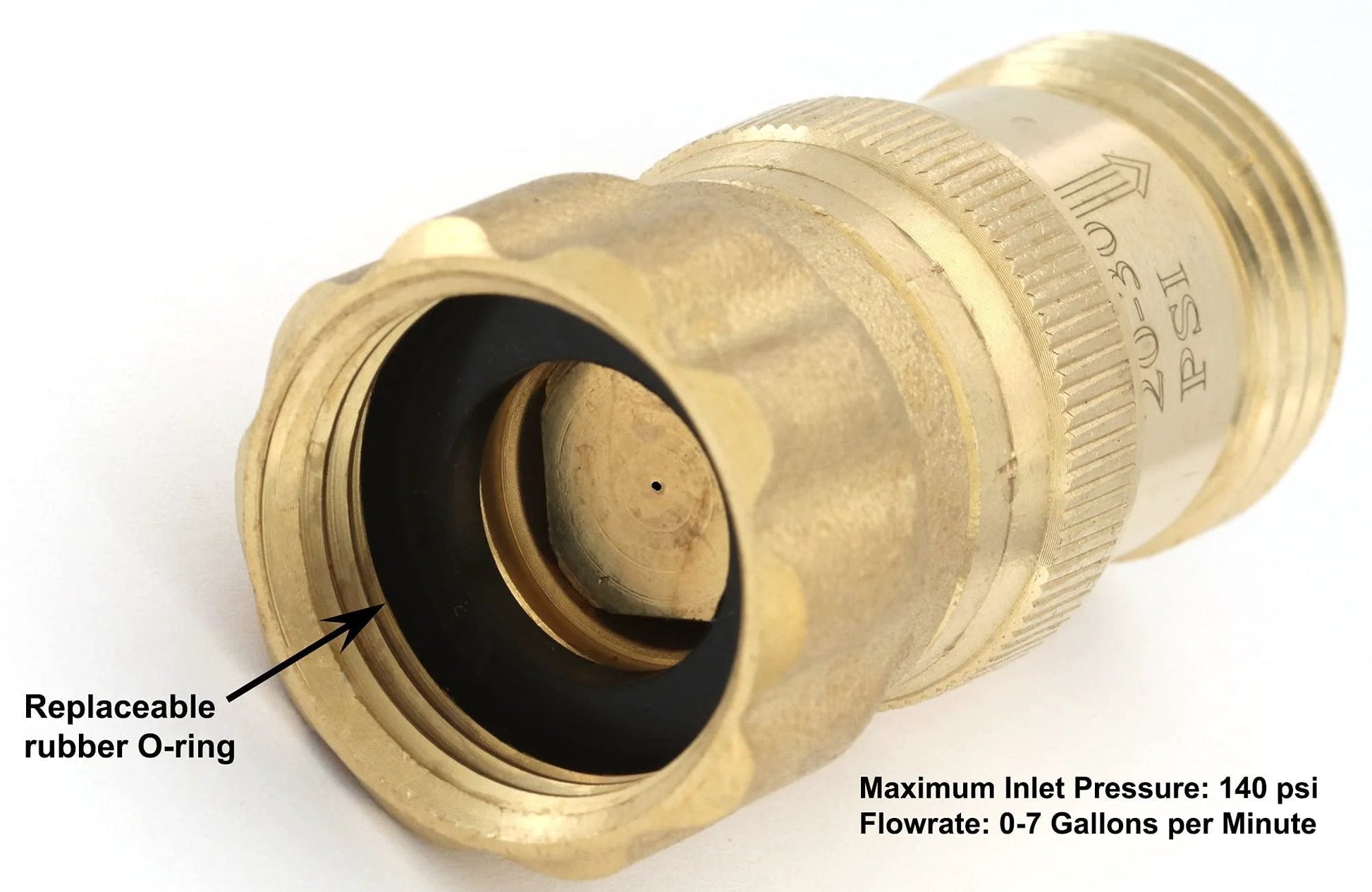 Close-up of Lead Free Brass Water Pressure Regulator For Drip Irrigation Systems Three Quarter Inch Hose showing O-ring and threads.