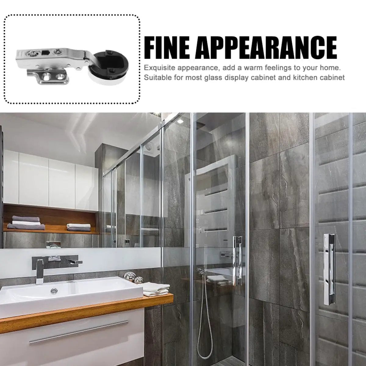 4 Pack Hydraulic Glass Door Hinges With Soft Close Damping For Kitchen Cabinets And Wine Cabinet Doors Quiet Smooth Closing Durable Cabinet Door Hardware in a bathroom setting.