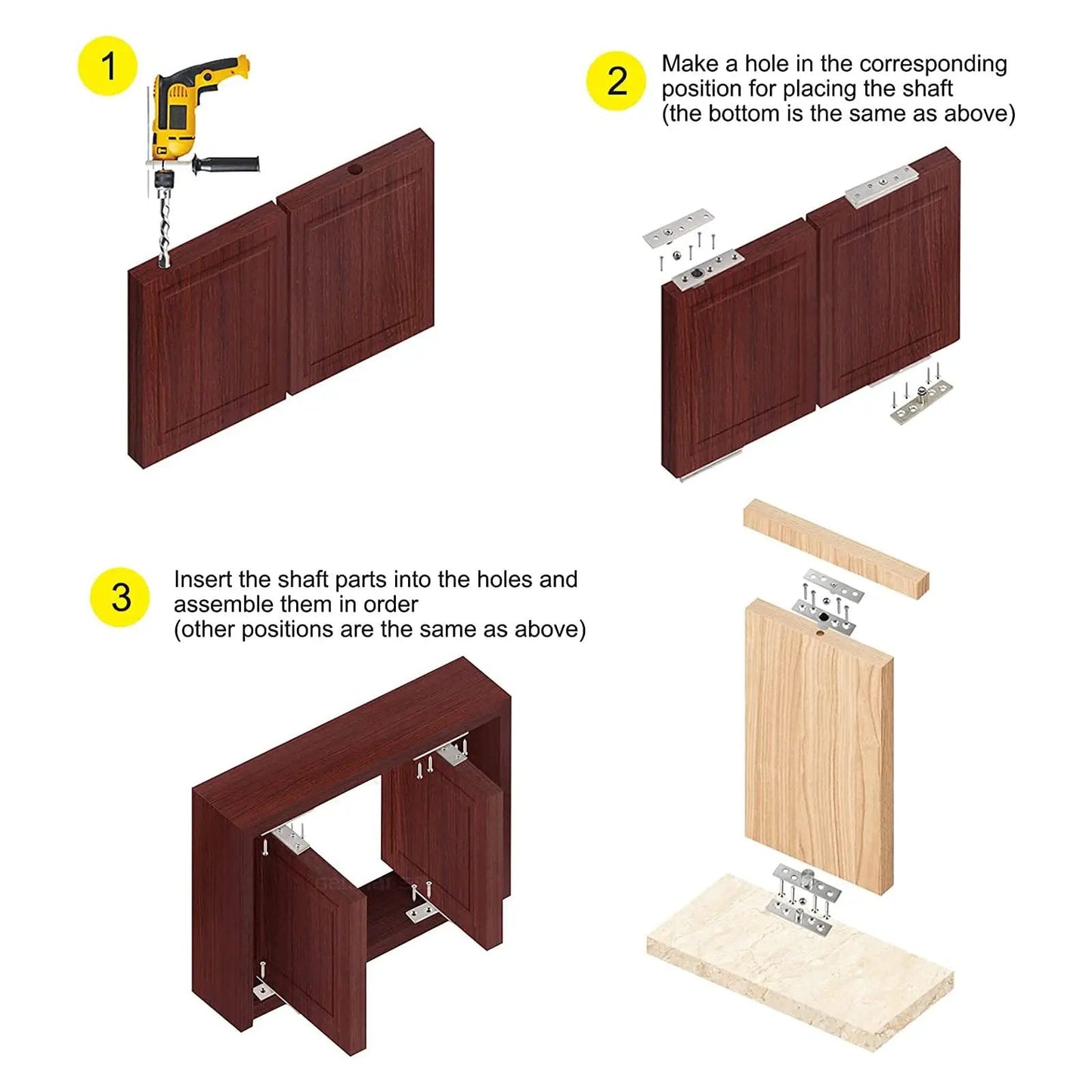 Installation steps for Two Pack 360 Degree Concealed Door Hinge Set In Black Stainless Steel for in-wall TV swivel and camper doors.