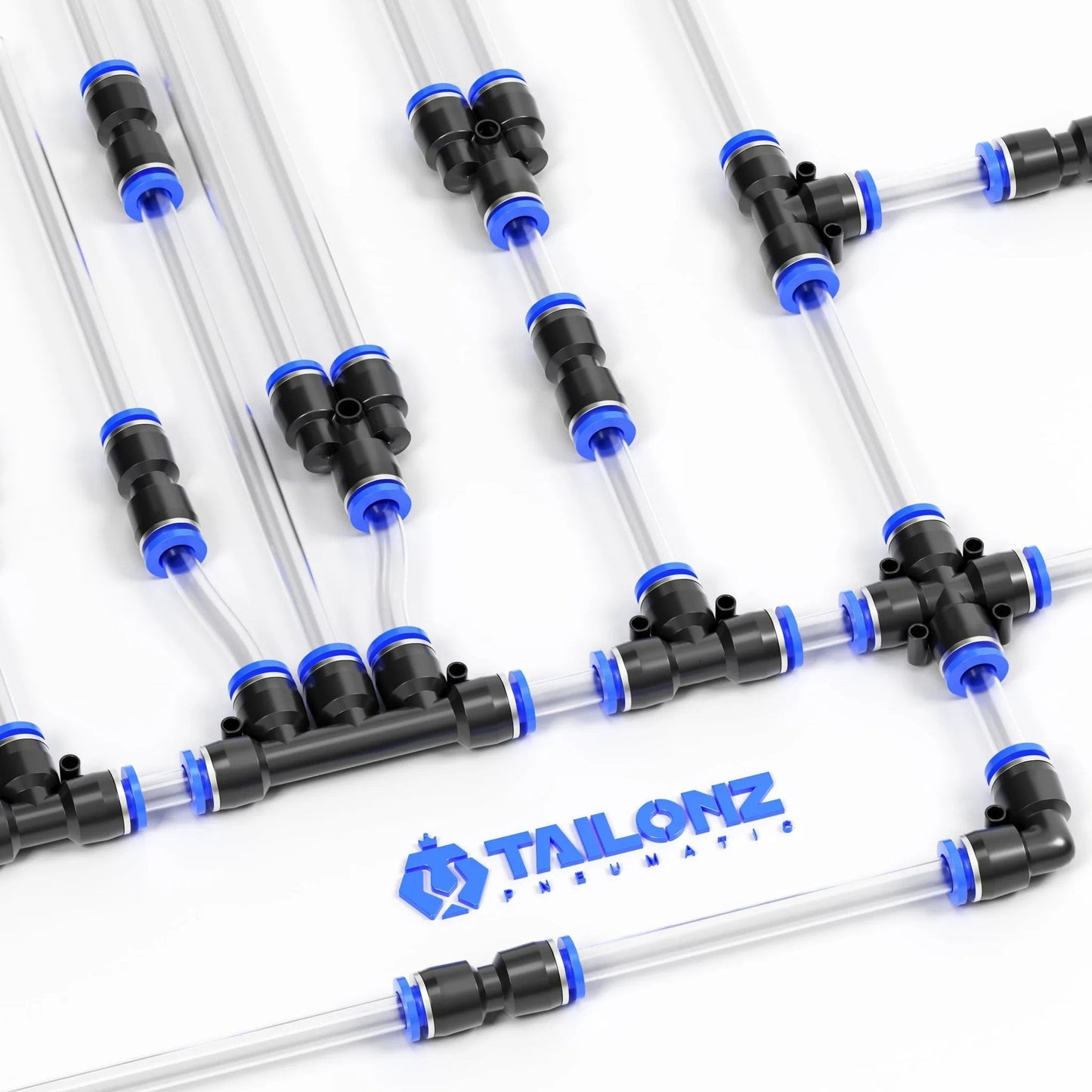 One Quarter Inch Push To Connect Pneumatic Fittings Kit With Sixty Pieces Including Ten Tees Ten Elbows Ten Straights Ten PPF And Ten PP Fittings For PU Nylon Soft PE Tubing High Pressure Air Up To 145 PSI Easy Install kit layout on display showing connected fittings and clear tubing.