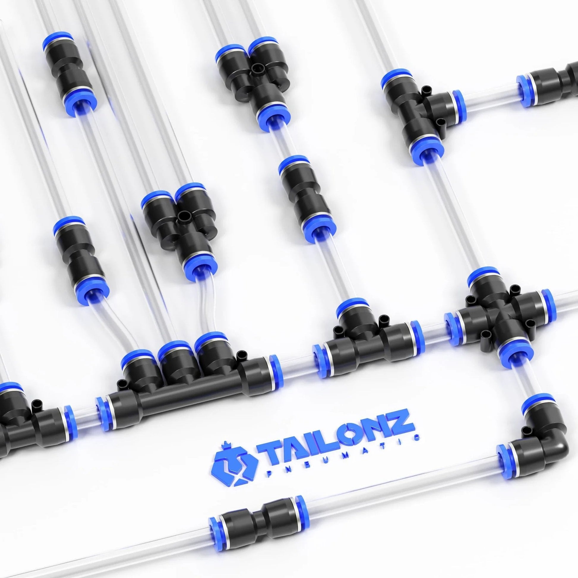 One Quarter Inch Push To Connect Pneumatic Fittings Kit With Sixty Pieces Including Ten Tees Ten Elbows Ten Straights Ten PPF And Ten PP Fittings For PU Nylon Soft PE Tubing High Pressure Air Up To 145 PSI Easy Install kit layout on display showing connected fittings and clear tubing.