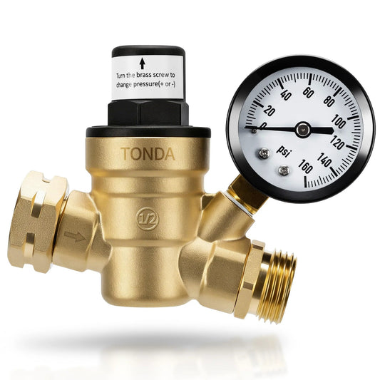 Lead Free Brass RV Water Pressure Regulator With Gauge And Inlet Screen Filter Adjustable 0 To 160 PSI, brass finish