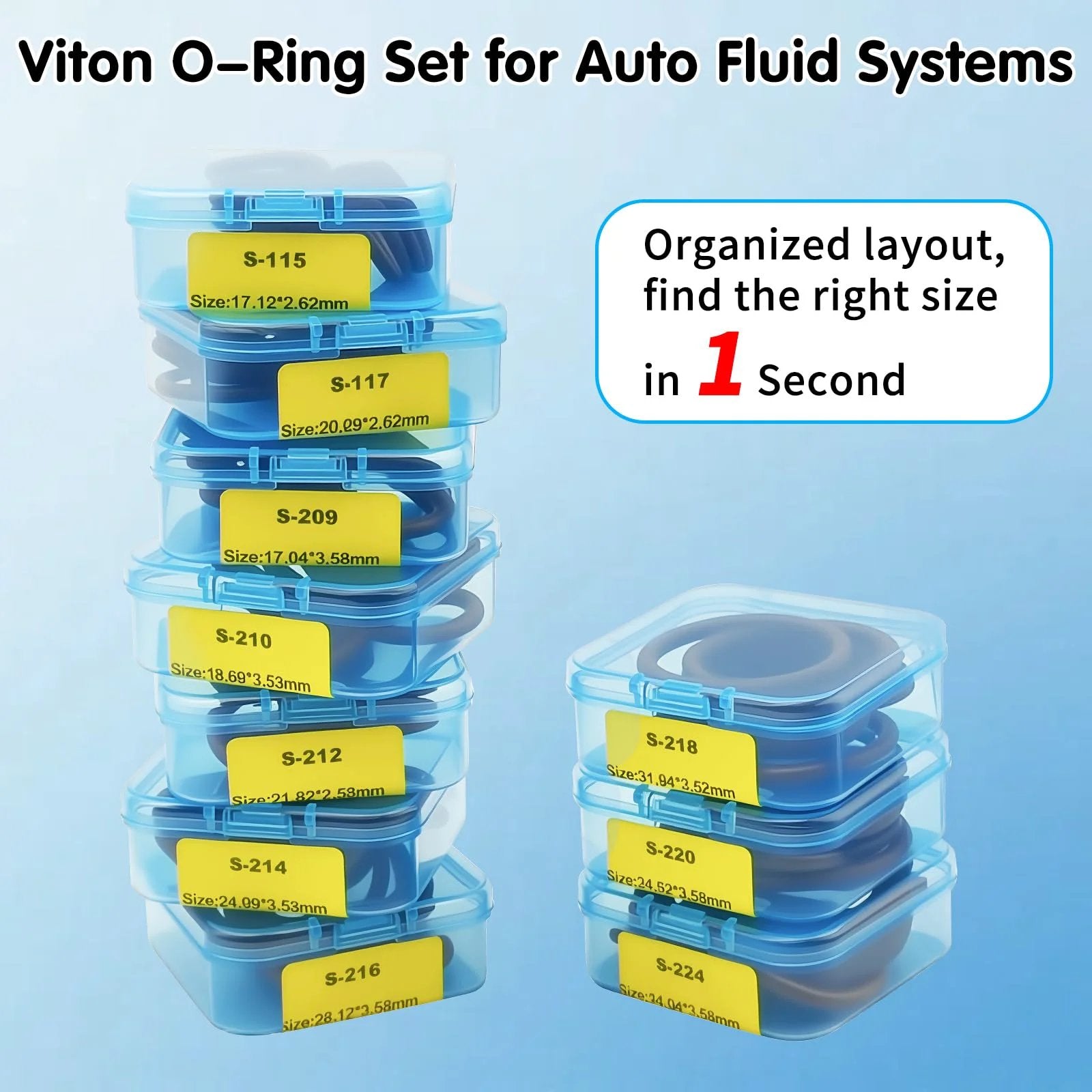 Viton O Ring Kit 300 Pcs FKM 22 Sizes SAE AS568 Auto Fluid System O Rings Set organized in labeled boxes