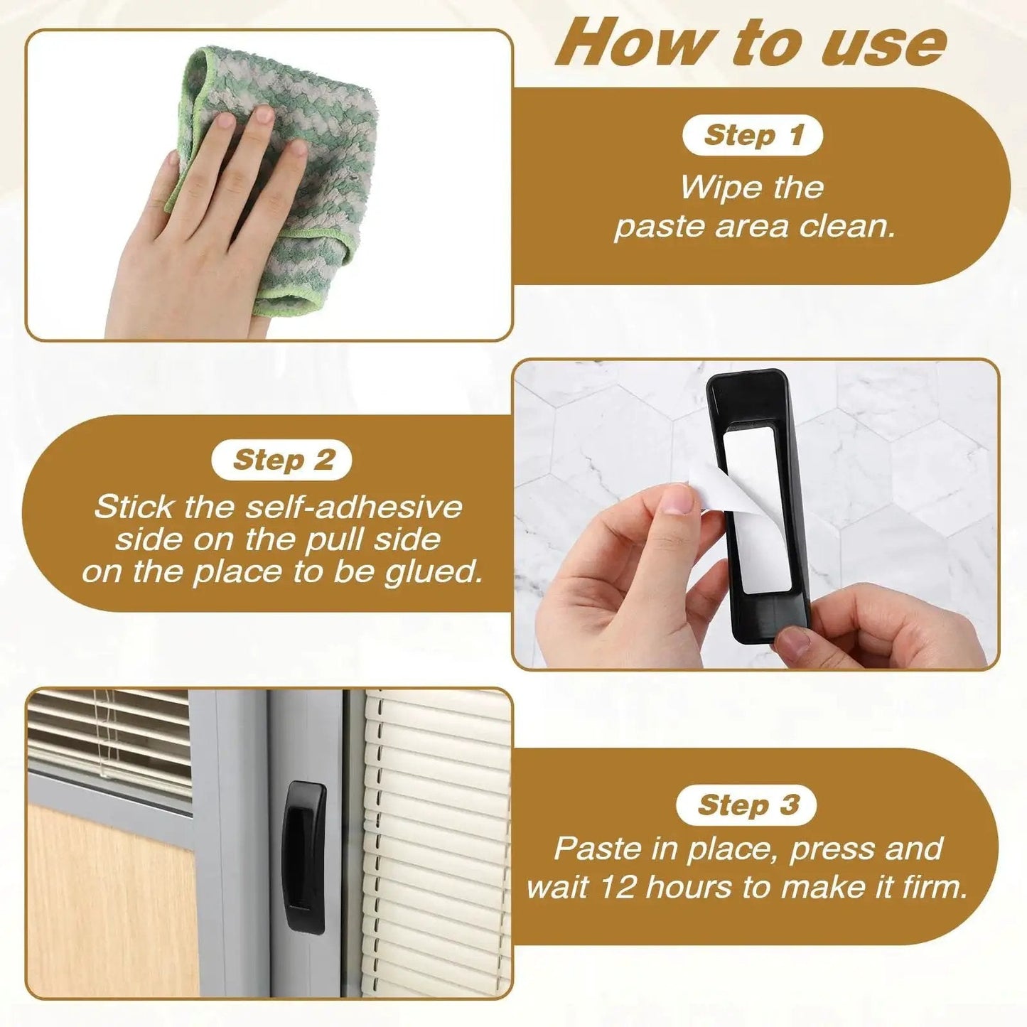 Installation steps for self stick cabinet handles 4 pack black plastic drawer knobs for cabinets, wardrobes, and sliding doors.