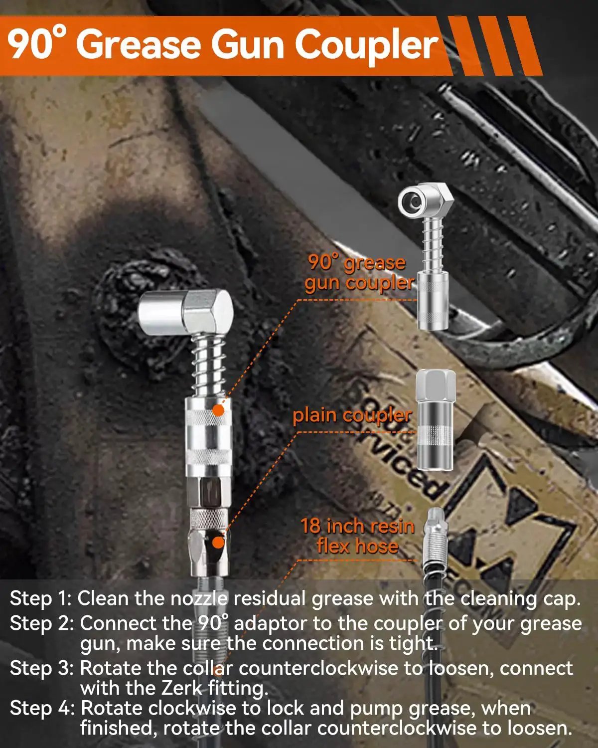 Close-up of Heavy Duty 10000 PSI Grease Gun Kit 90° grease gun coupler, plain coupler, and 18 inch resin flex hose