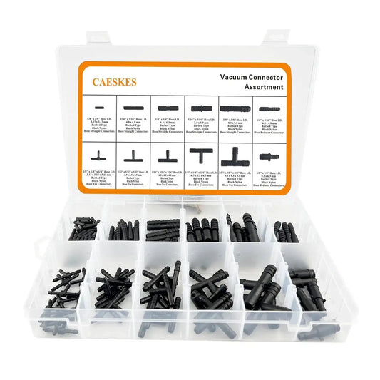 Vacuum Connector Assortment Kit in a plastic case with 12 sizes, 113 pieces, black nylon connectors, heat resistant to 460 F 240 C.