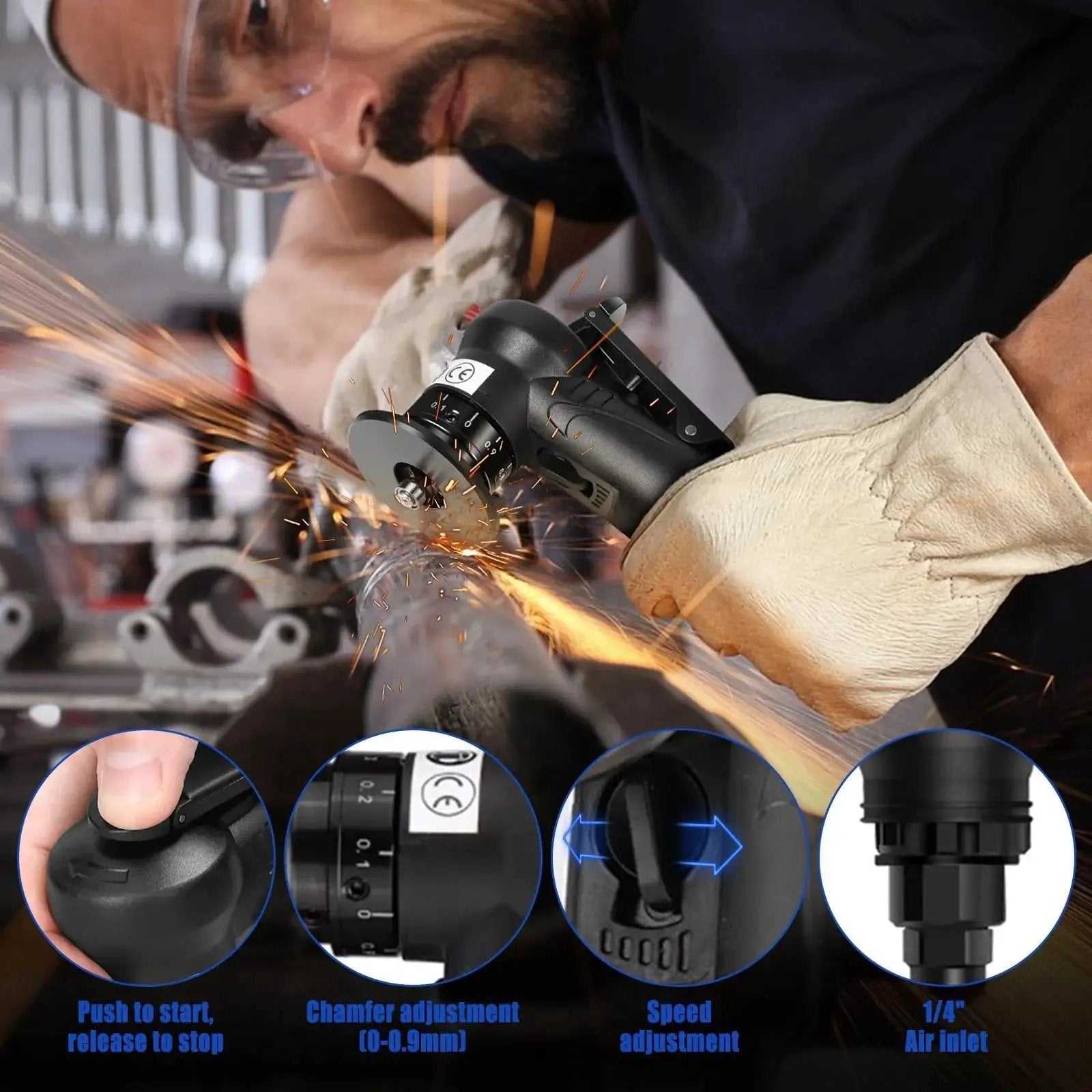 User operating a Portable Pneumatic Chamfering Tool Handheld Mini Air Powered Beveling Machine for metal and wood trimming