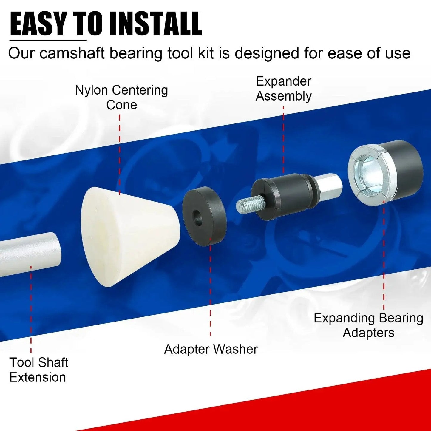 Cam Bearing Removal And Installation Tool Set components including nylon centering cone, expander assembly, and expanding adapters.
