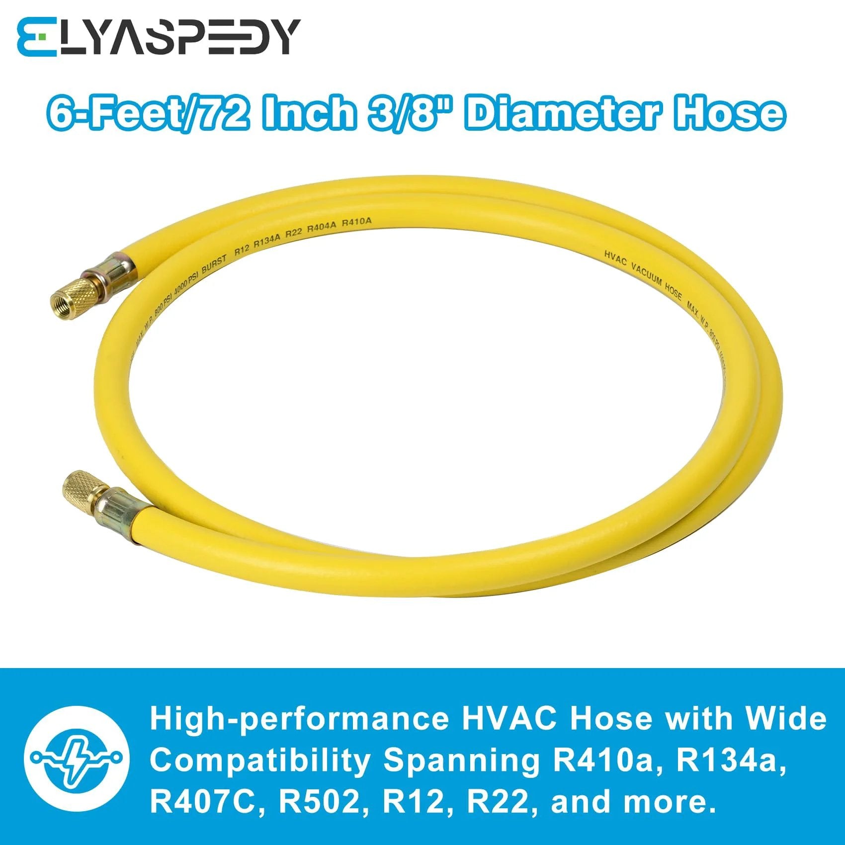 Upgrade Three Eighths Inch Refrigerant Hose With One Quarter Inch Flare Fittings Vacuum Certified Six Feet Long 800 PSI Working Pressure For R410A And All Common Refrigerants Yellow