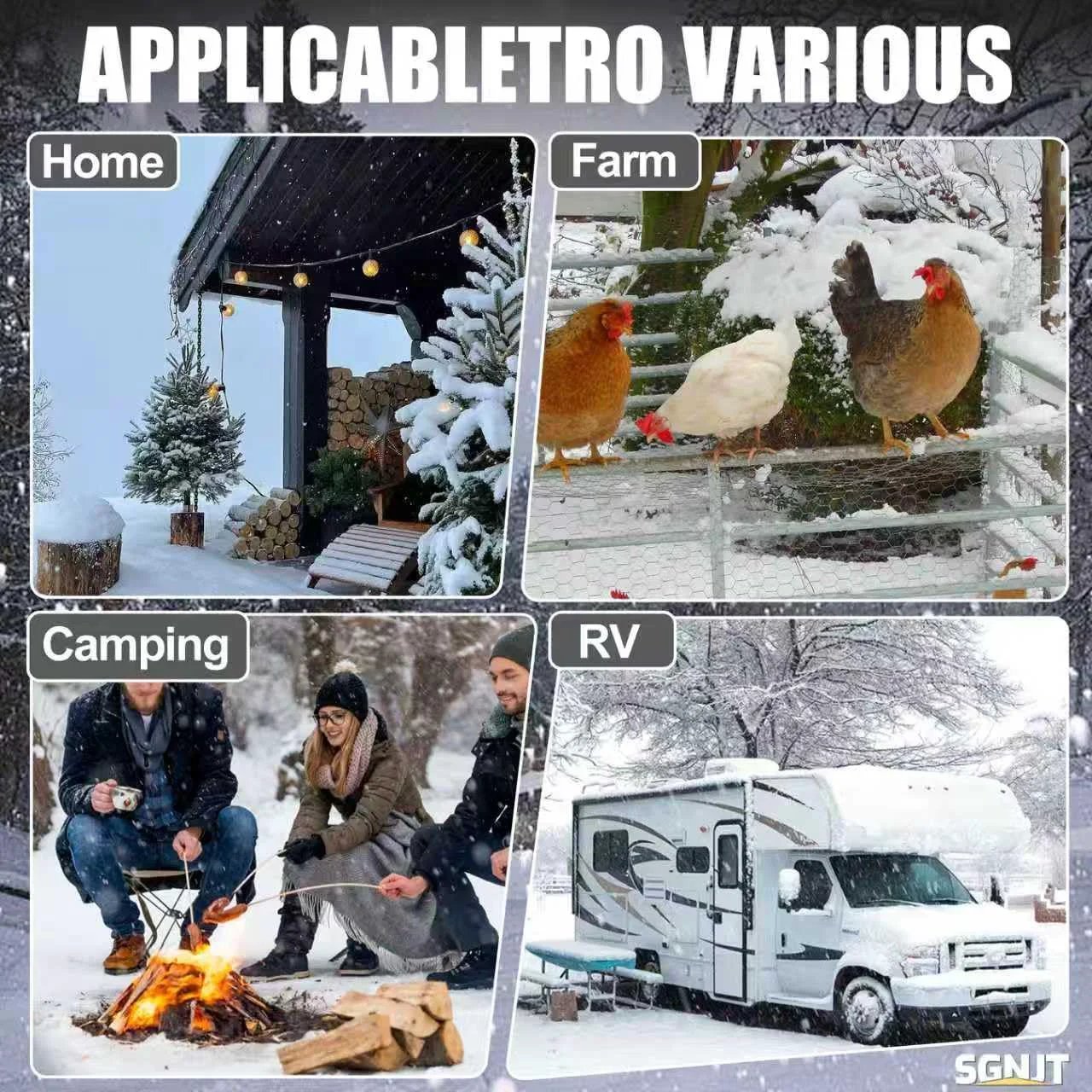 Collage showing Heavy Duty 50 Ft Heated RV Water Hose With Thermostat Self Regulating For Winter Use BPA And Lead Free.