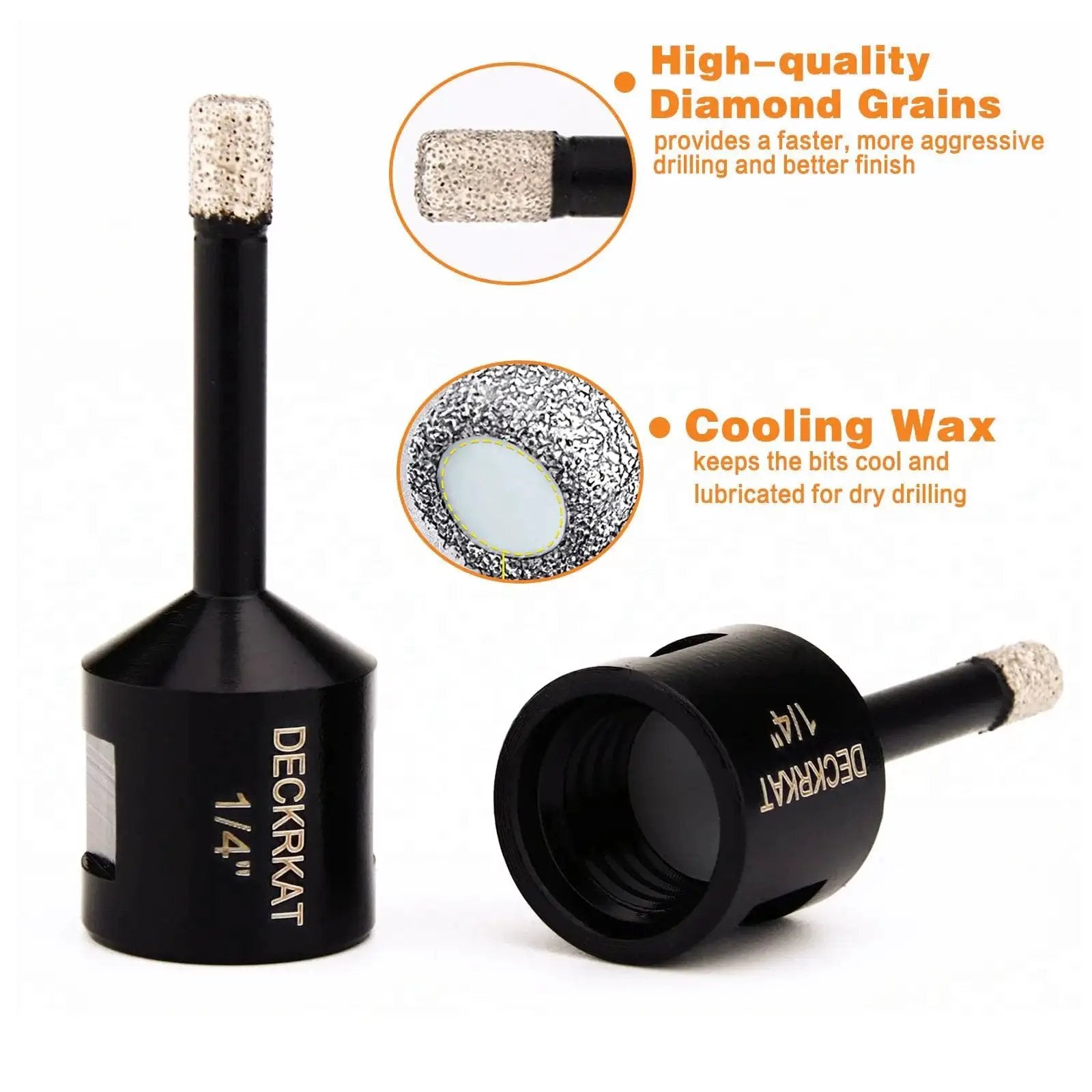 Two Pack 1/4 Inch Diamond Core Drill Bits For Dry And Wet Drilling On Granite Marble Ceramic Glass Porcelain Tiles Stones And Flower Pots With 5/8-11 Thread For Angle Grinders Including Tile Hole Saw Bits showing diamond grains and cooling wax.