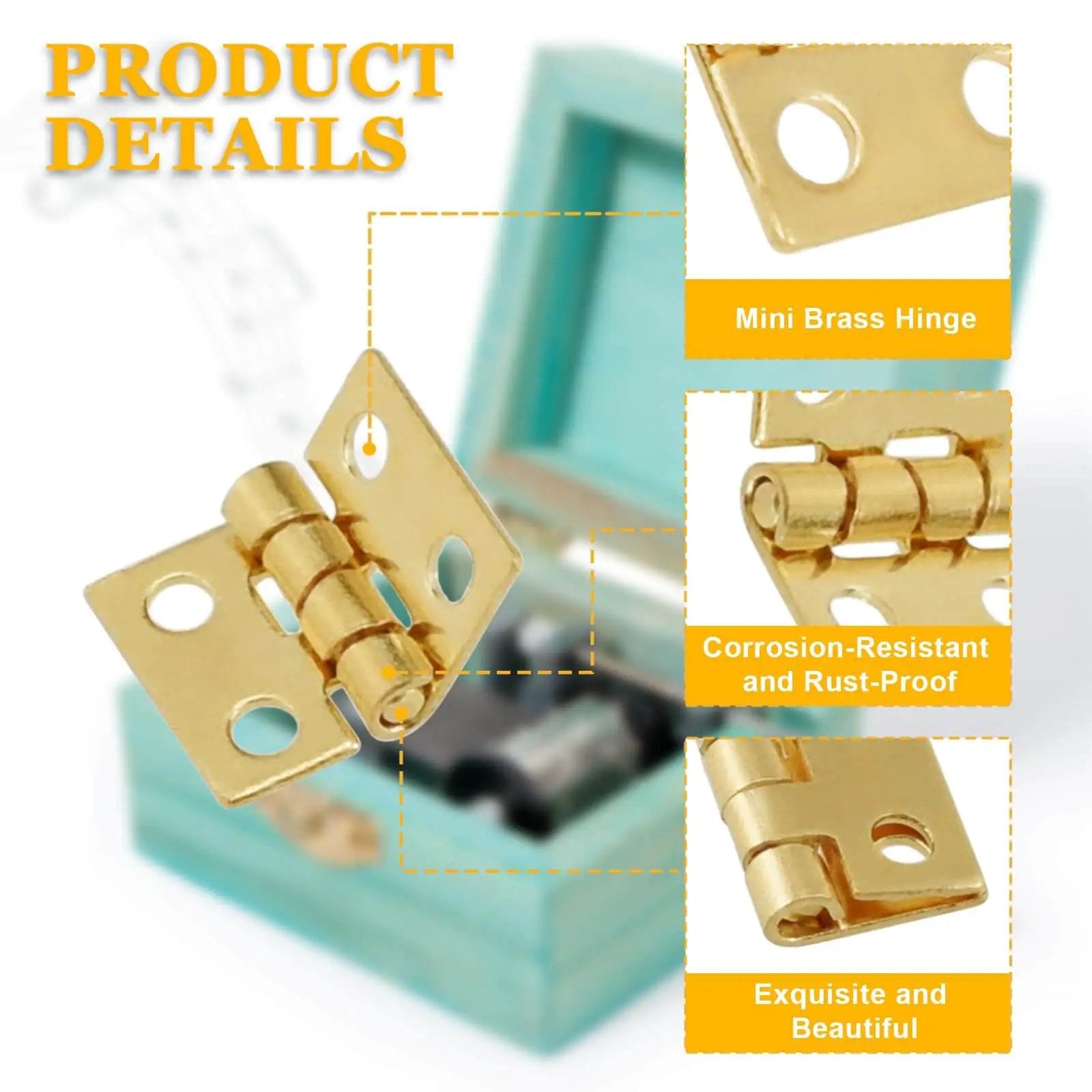 ZIUZI 60Pcs Mini Hinges, 270 Degree Rotation Miniature Furniture Hardware, 10x8mm Gold Tiny Hinges with Mounting Nails for Jewelry Box