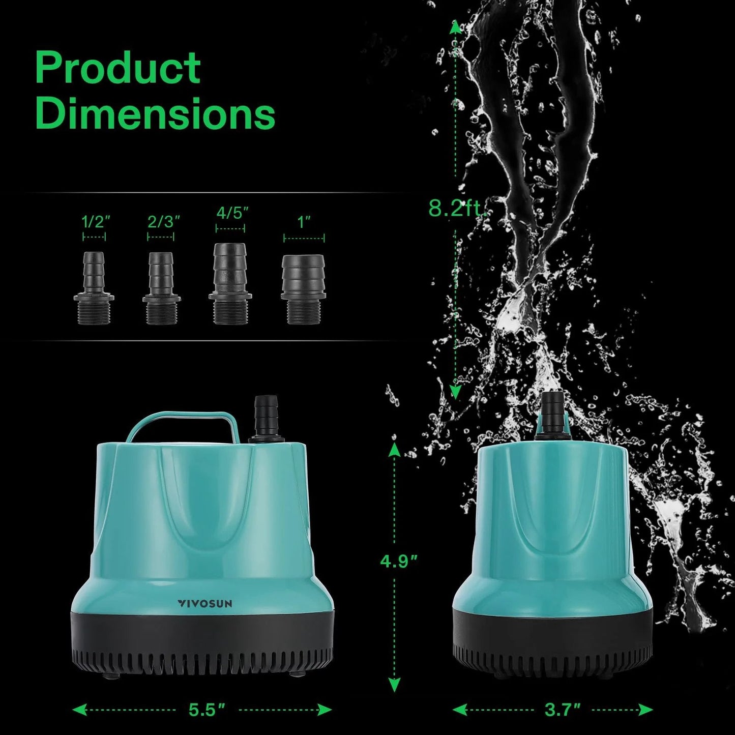 Beefy 660 GPH Submersible Pump For Fish Tanks Ponds Aquariums And Hydroponics With 5 Foot Cord And 4 Nozzles 40 Watt 110 120 Volt Blue Ultra By VIVOSUN shown with dimensions and water flow.