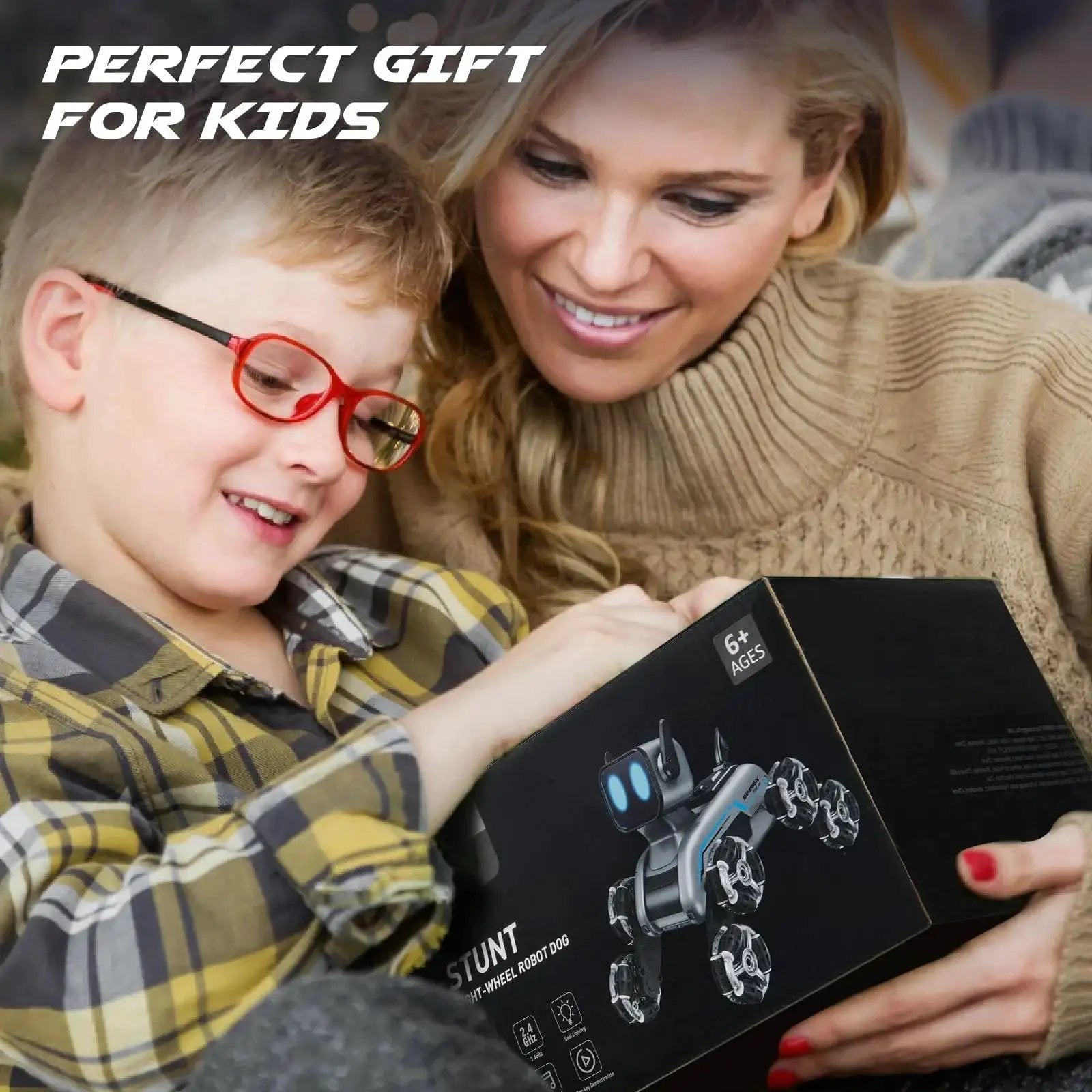 Child with adult holding box of Dynamic Eight Wheel Robot Dog RC Stunt Car With Gesture Sensing Remote Mecanum Wheels For 360 Degree Mobility