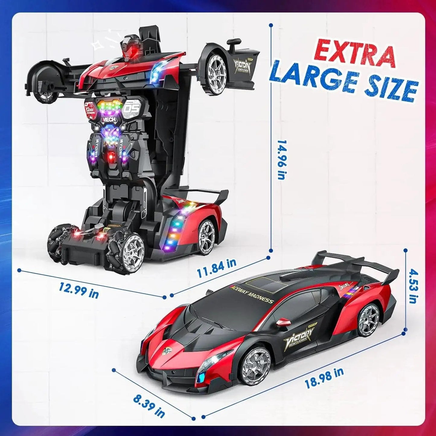 1:10 Scale Transforming RC Car And Robot With Gesture Control For Dope Epic Playtime, showing dimensions and transformation view