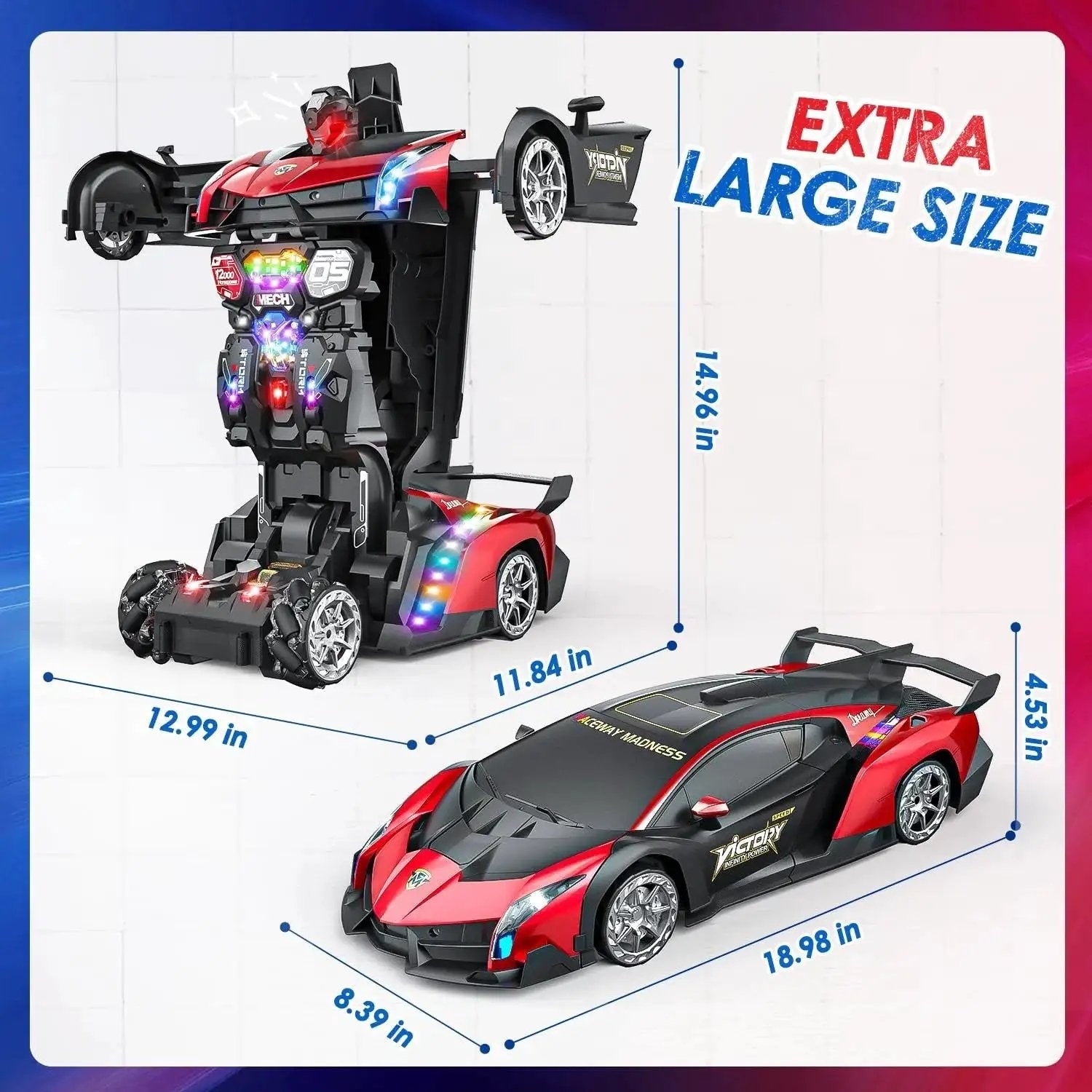 1:10 Scale Transforming RC Car And Robot With Gesture Control For Dope Epic Playtime, showing dimensions and transformation view