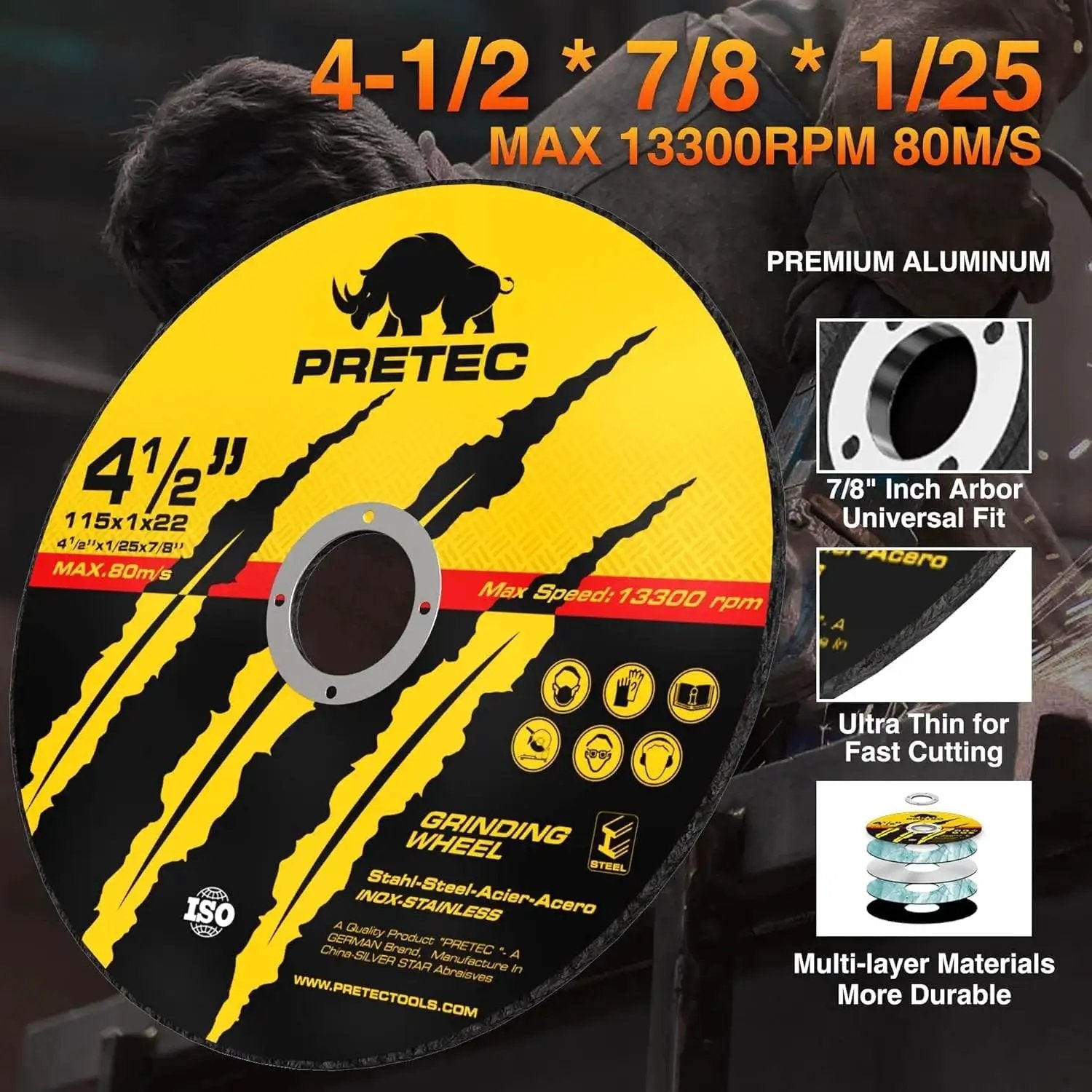Cut Off Wheel Set 4-1/2 Inch For Angle Grinders 7/8 Inch Arbor Thin Metal Cutting Discs For Fast Cuts In Steel Stainless And Aluminum 50 And 5 Pack PRETEC High Speed 13300 RPM shown with specifications and features