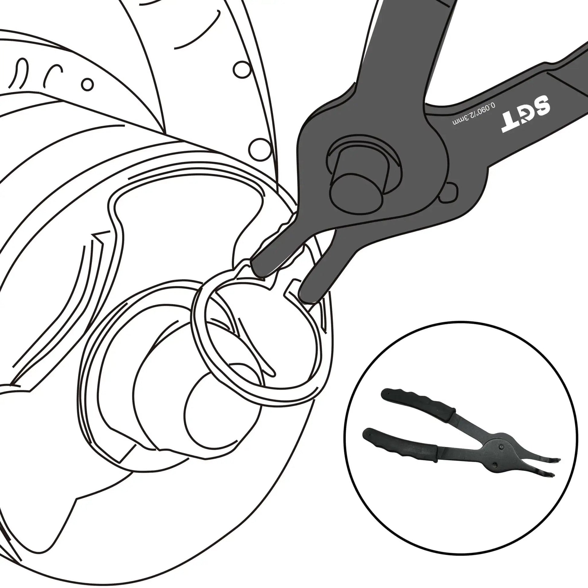 Illustration of 14 Piece Snap Ring Pliers Set With Internal And External Circlips Pliers Including 45 Degree Bent 90 Degree Bent And Straight Pliers in use