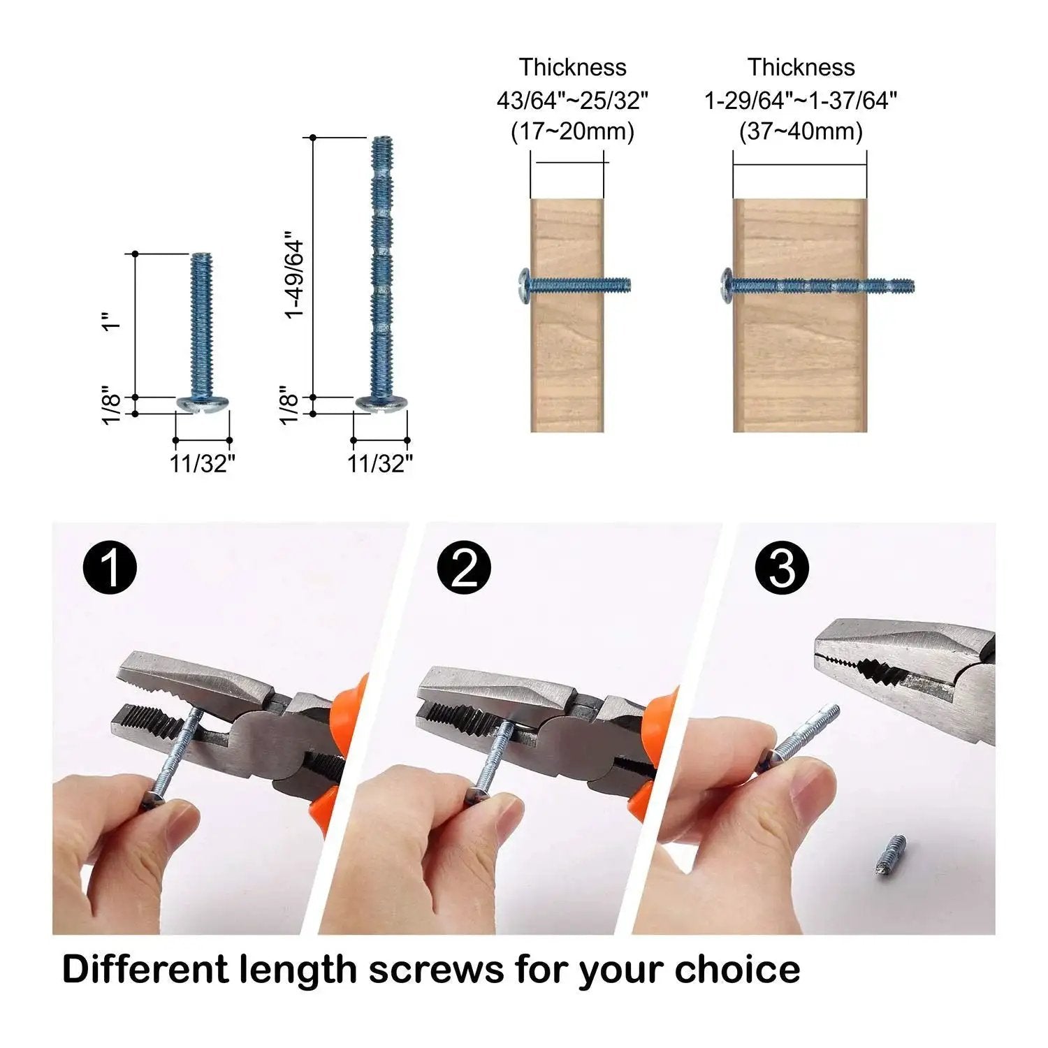 Diagram showing screw lengths and installation steps for 10 Pack Brushed Satin Nickel Cabinet Knobs 1.2 Inch Round Drawer Knobs.