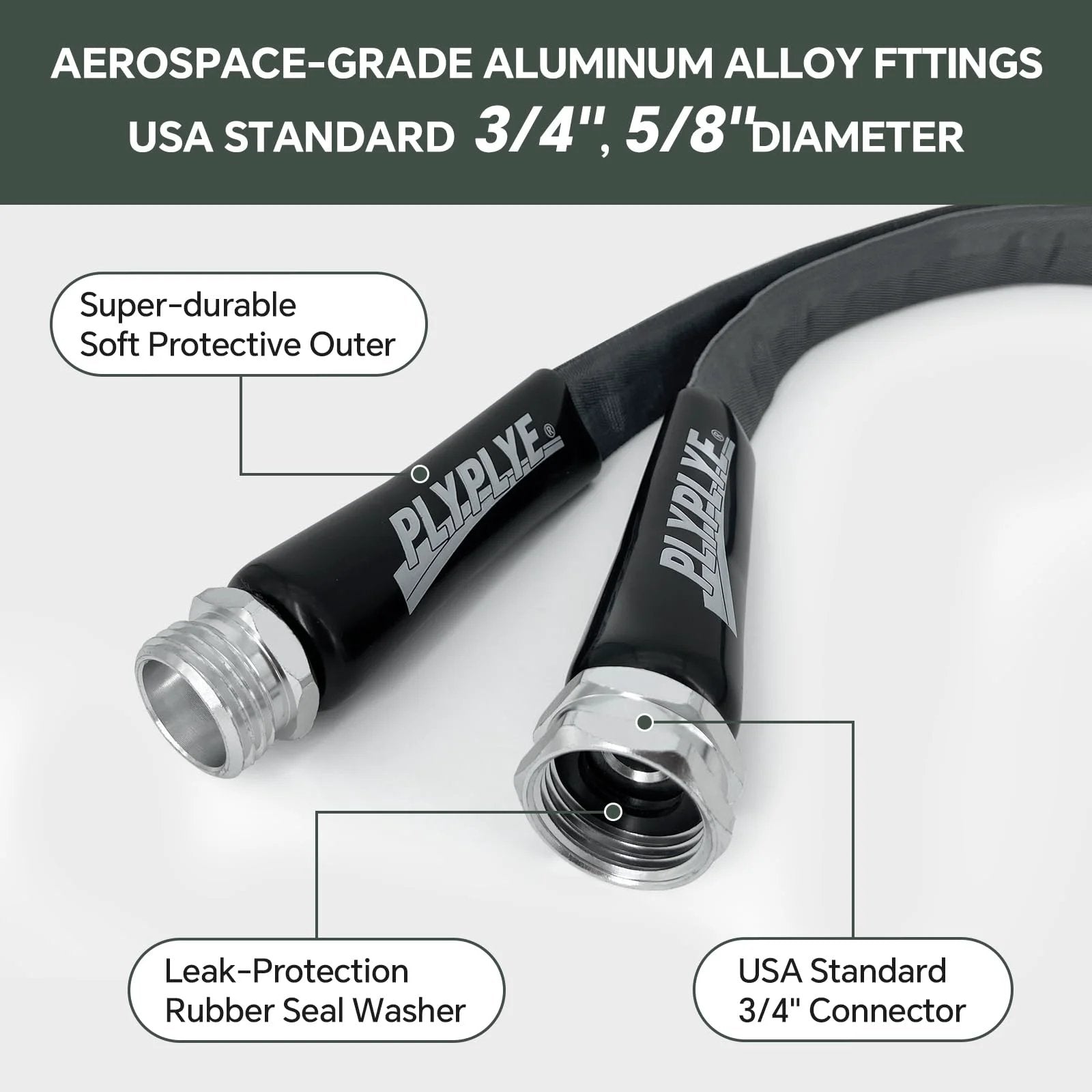 Close-up of ultra lightweight 75ft non expanding garden hose with kink free high pressure performance, showing 3/4" connector.
