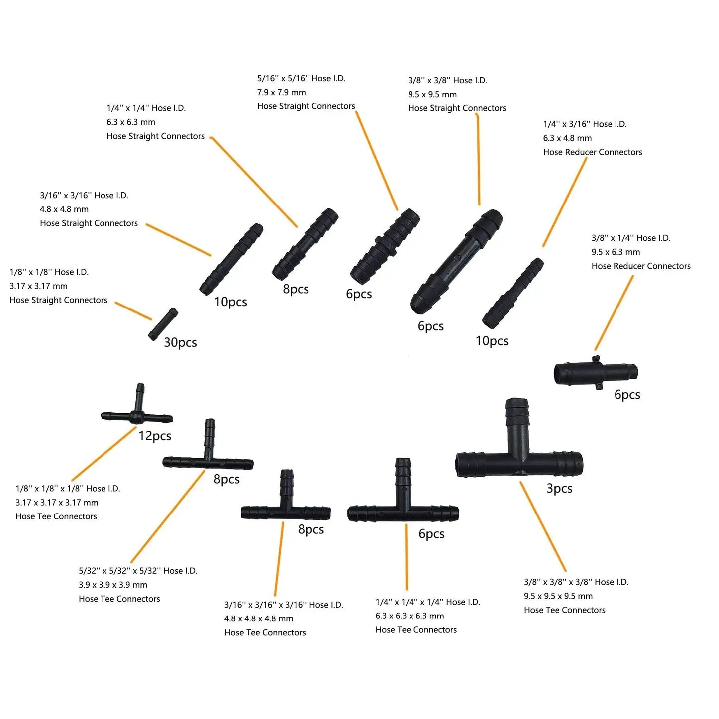 Heat Resistant Nylon Vacuum Tubing Connector Kit 113 Pcs 12 Sizes Automotive Hose Tee and Reducer Assortment 240 C 460 F Black
