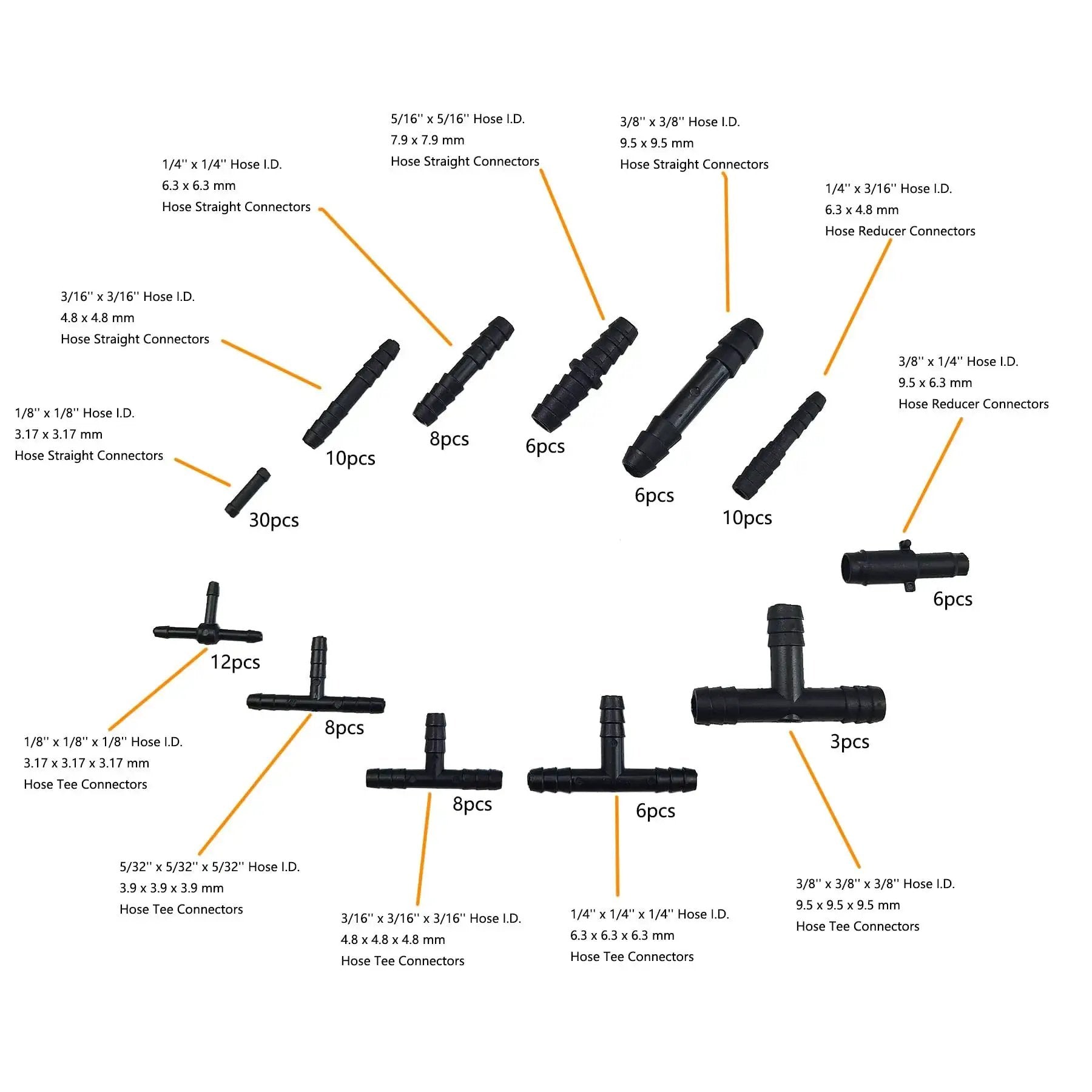 Heat Resistant Nylon Vacuum Tubing Connector Kit 113 Pcs 12 Sizes Automotive Hose Tee and Reducer Assortment 240 C 460 F Black