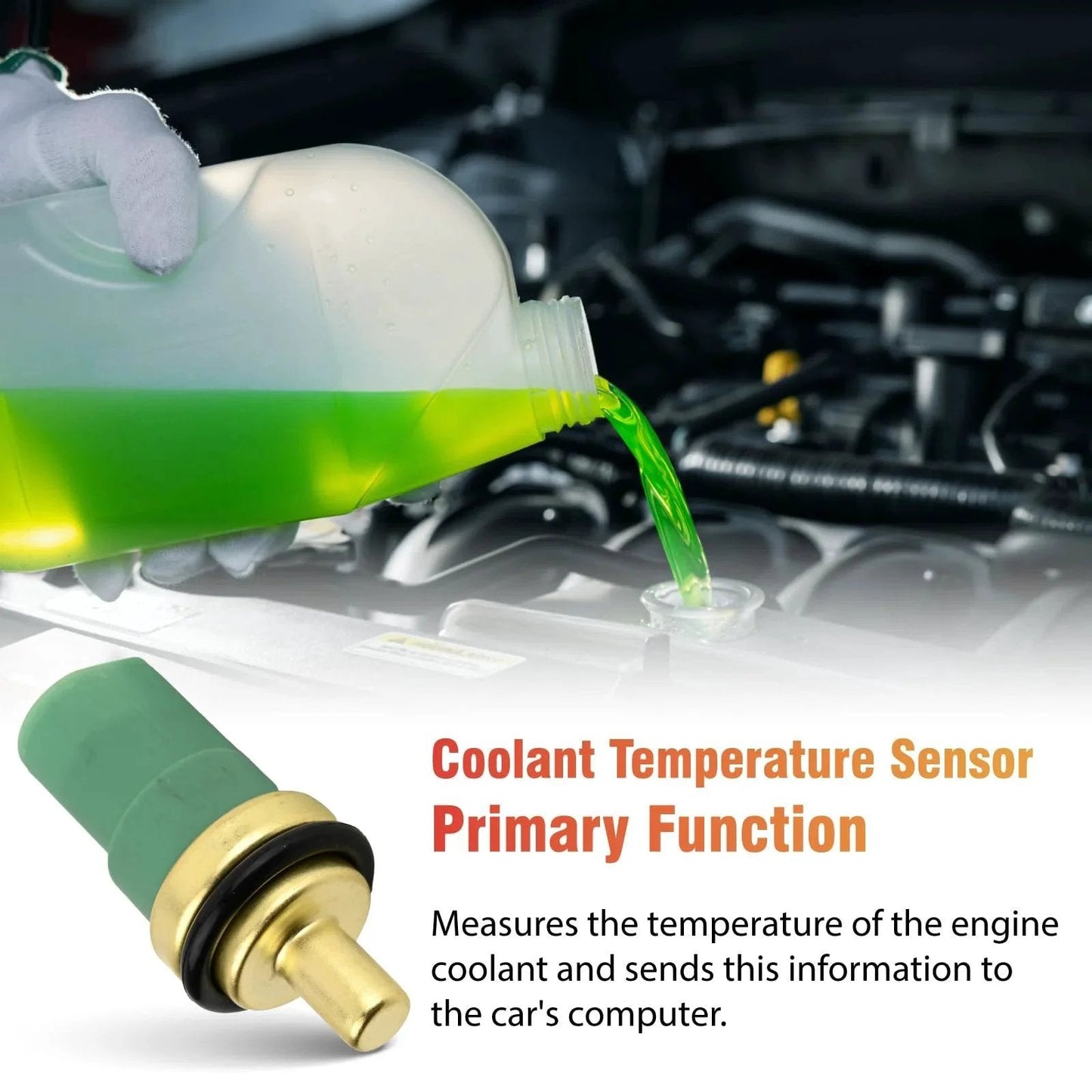Coolant Temperature Sensor OEM Grade Replacement Compatible With Chevrolet Acadia Camaro depicted with engine and coolant pour.