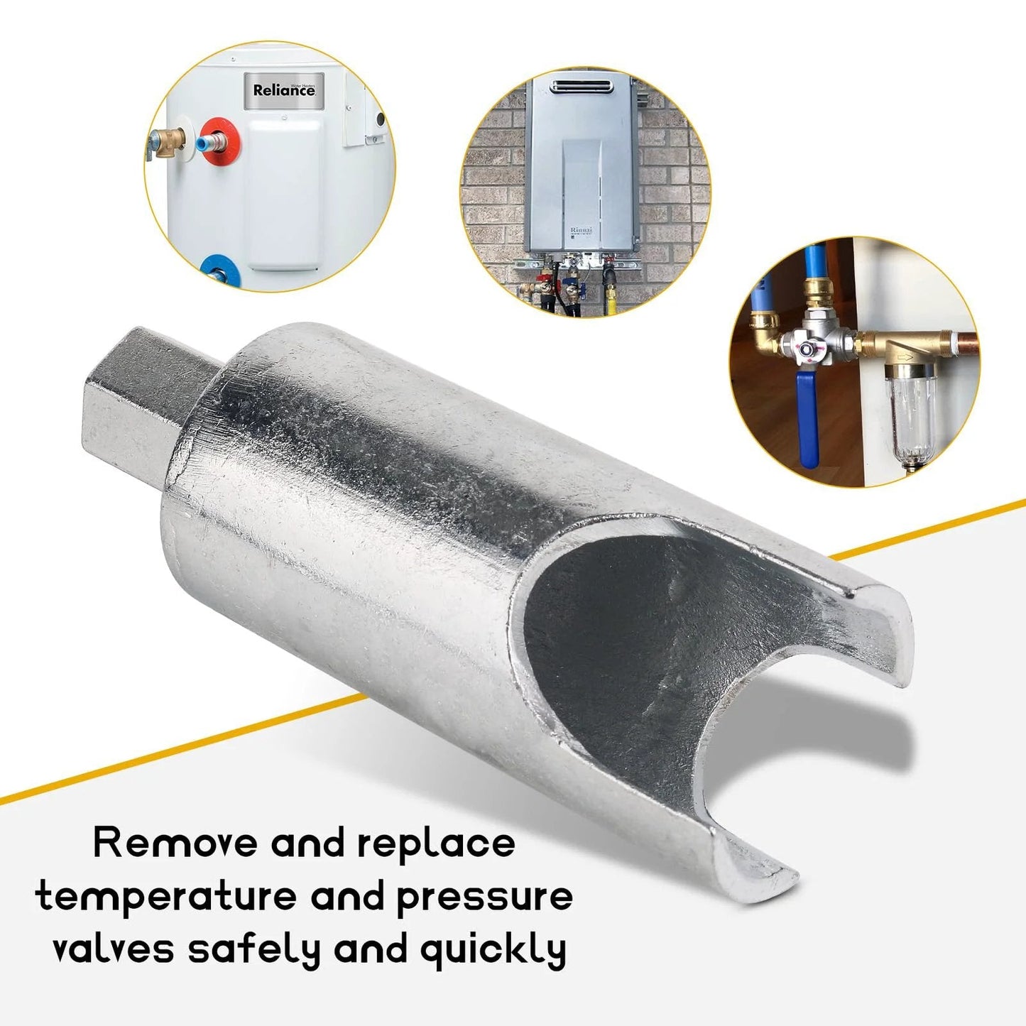 RV Water Heater Pressure Valve Remover Tool For Seven Eighths Inch Wrench Fits Most RV Water Heaters Pro Grade Durable Steel Construction Built To Last Through Tough Jobs GGTE, 7/8 in steel tool displaying open socket end with heating components.