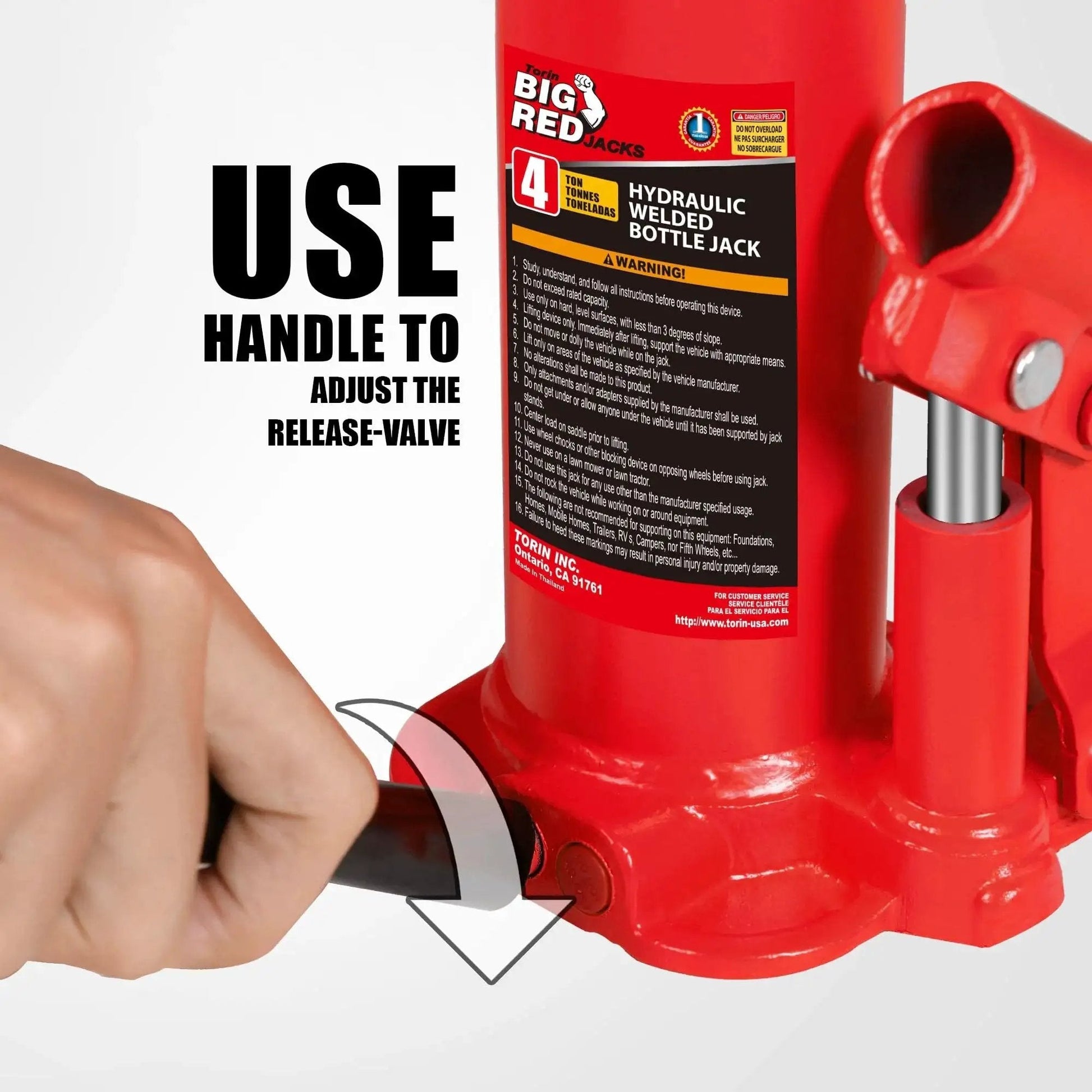 Close-up of Big Red Hydraulic Bottle Jack With Carrying Case 4 Ton Capacity 8000 Lbs showing the handle and release-valve adjustment