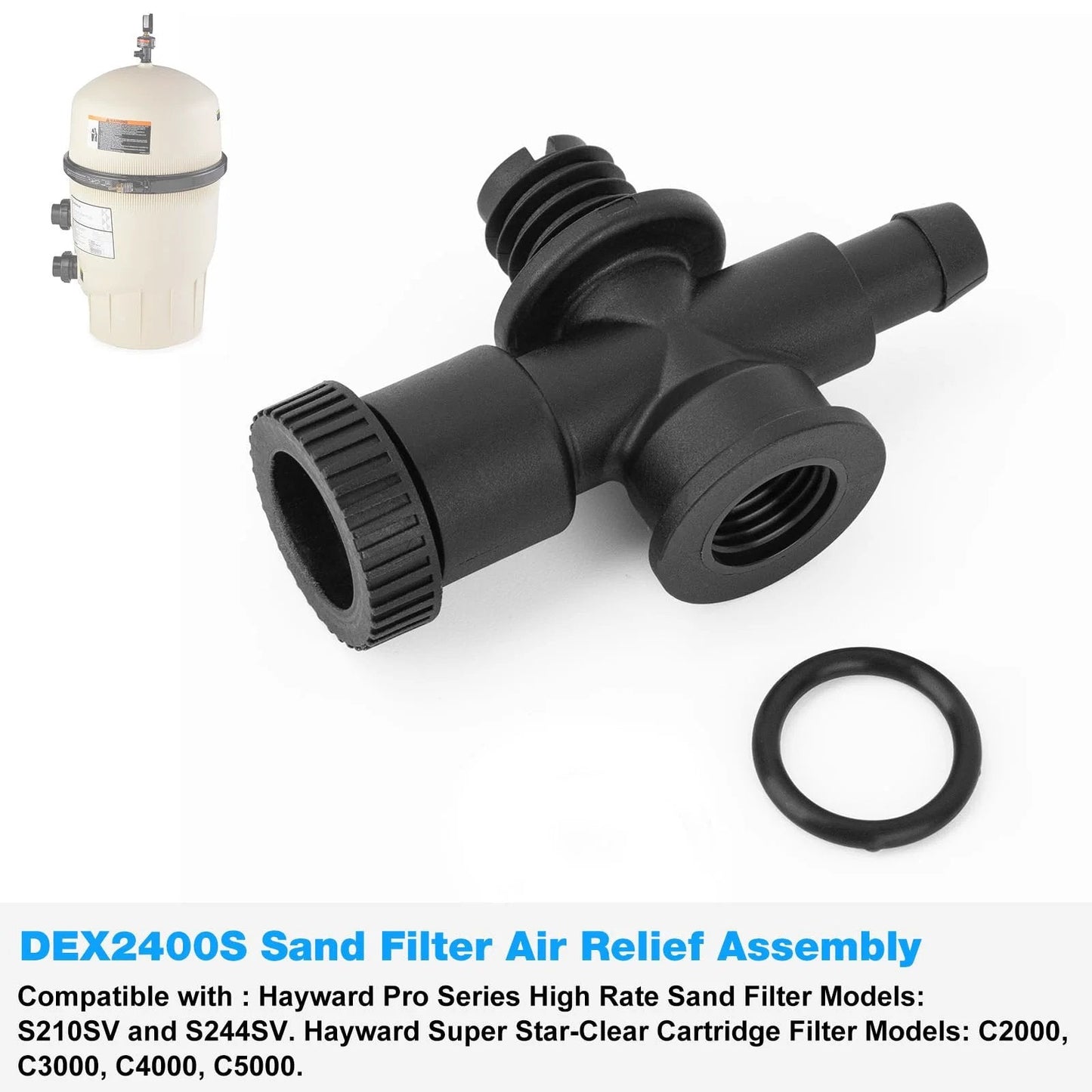 DEX2400S Sand Filter Air Relief Valve Assembly Replacement, black durable component with O ring for Hayward ProGrid DE filter.