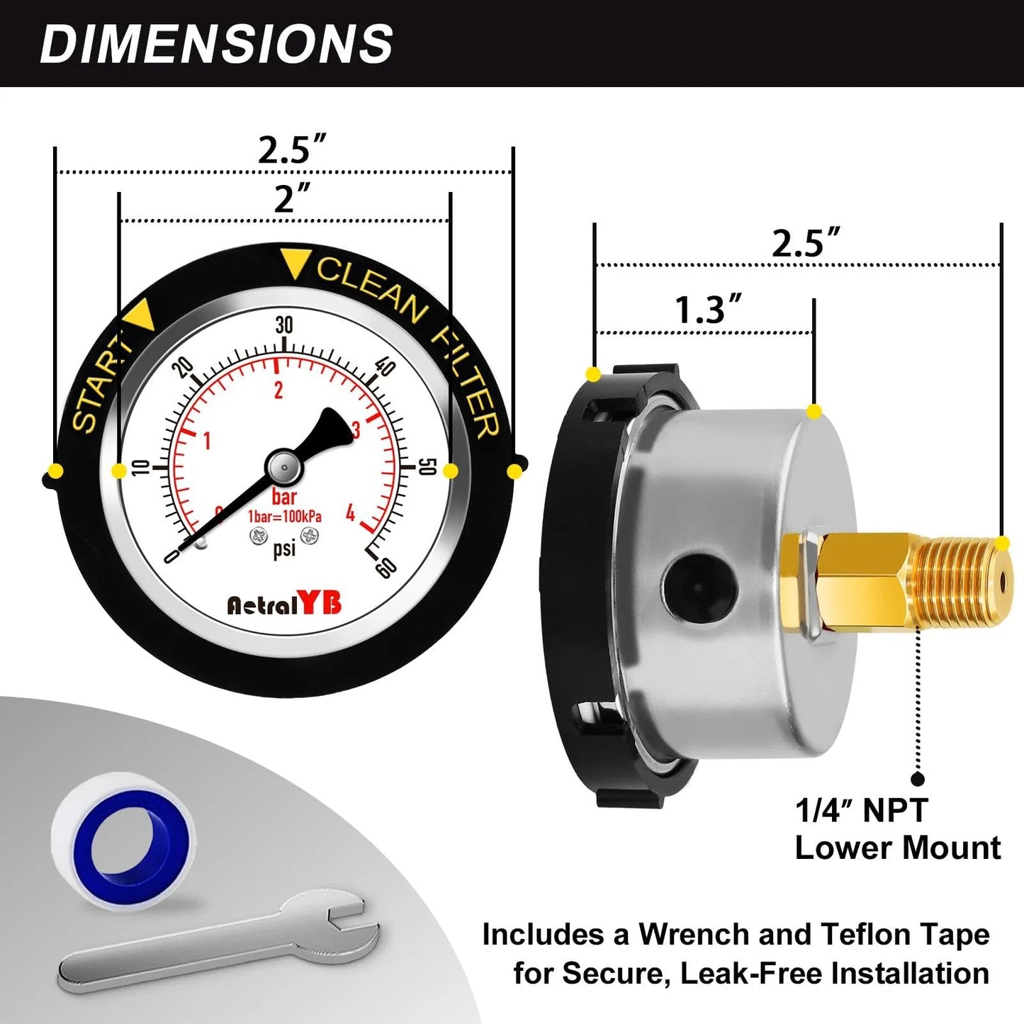 Pool Filter Pressure Gauge Zero To Sixty PSI With Two Inch Dial One Quarter Inch NPT Back Mount 304 Stainless Steel Case IP67 Waterproof Clean Filter Indicator For Swimming Pools Spas Pumps And Aquarium Systems, showing gauge dimensions and included wrench.