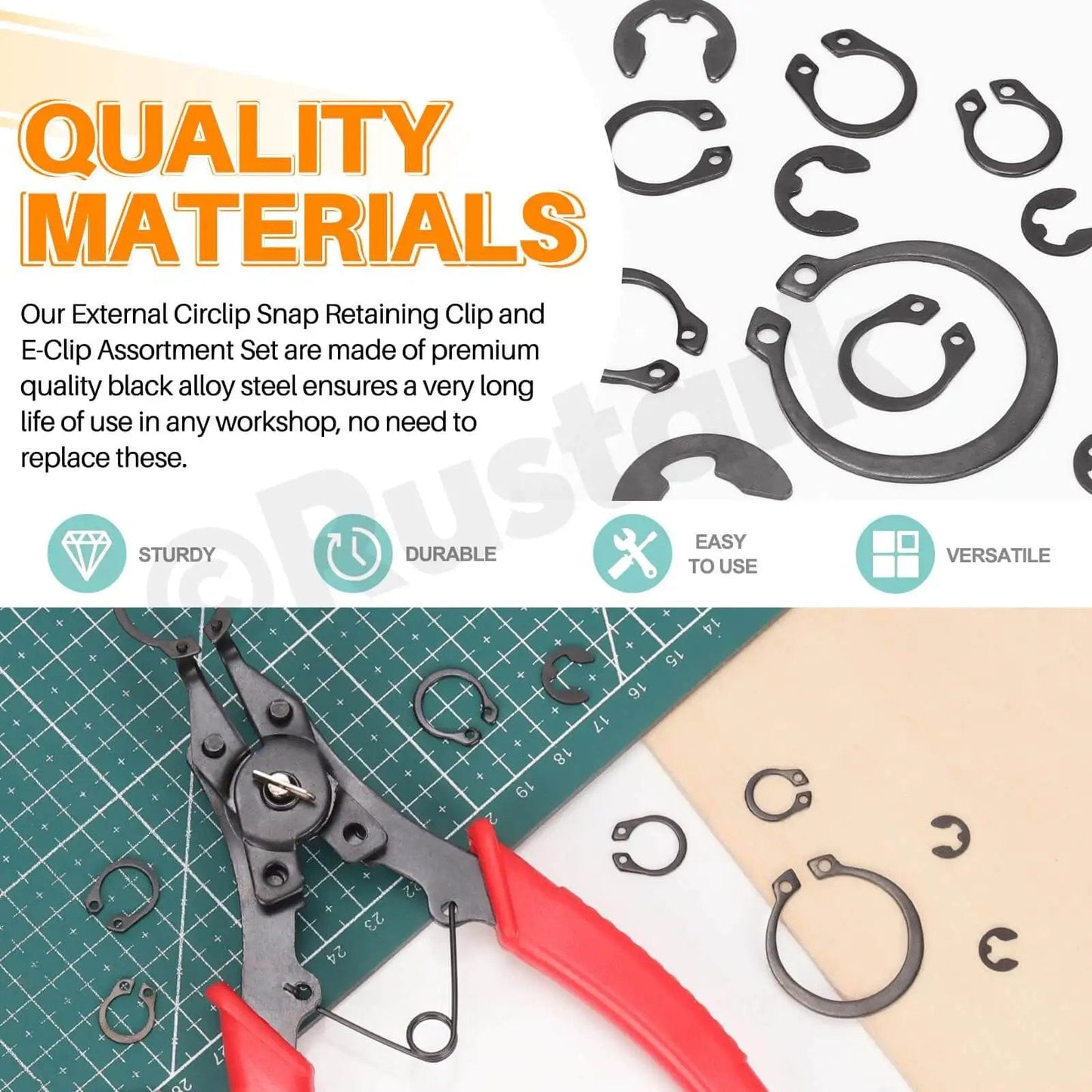 All in One 4 in 1 Snap Ring Pliers Set With E Clip And C Clip Retaining Rings Kit 312 Piece Includes M1.5 To M10 E Clips And M4 To M28 C Clips Plus Tweezers For Auto DIY And Handyman Projects showing pliers and clips on green mat