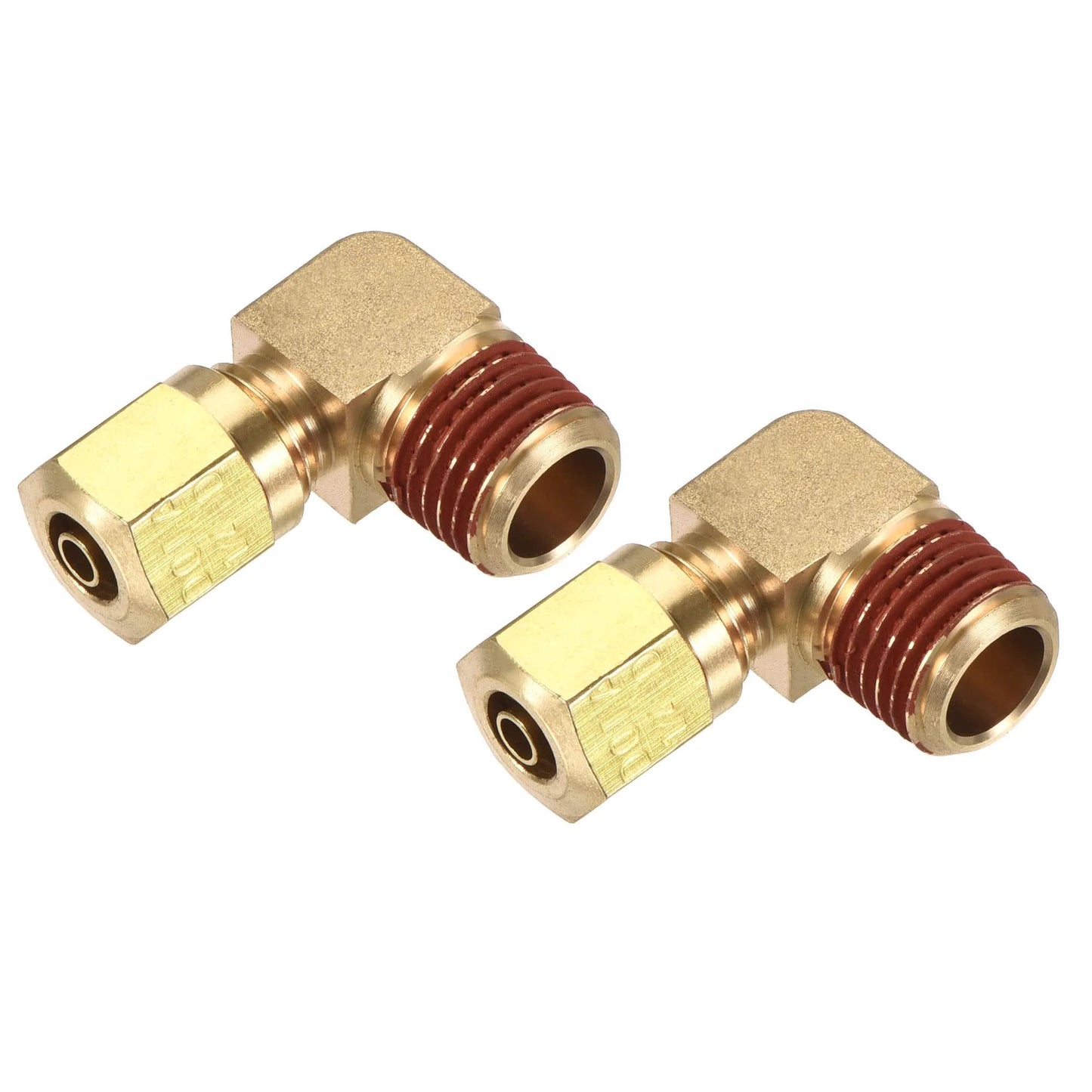 Brass Elbow Compression Tube Fitting 1/4 NPT to 1/4 Inch Tube OD 90 Degree Coupler Adapter for Quick Pipe Connections in Sinks Water Tanks Bathrooms Refrigerators and More Pack of 2 by Meccanixity on white background.