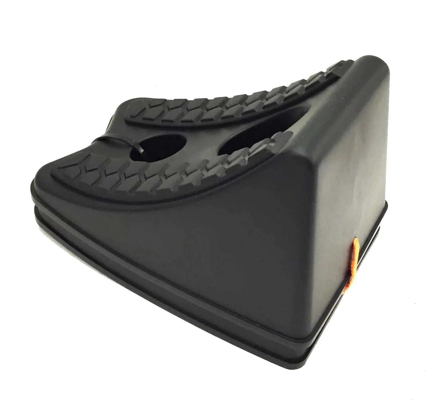 Heavy Duty Wheel Chocks Two Pack for Tire Stabilization and Safe Vehicle Lifting, black rubber, side view of triangular chock.
