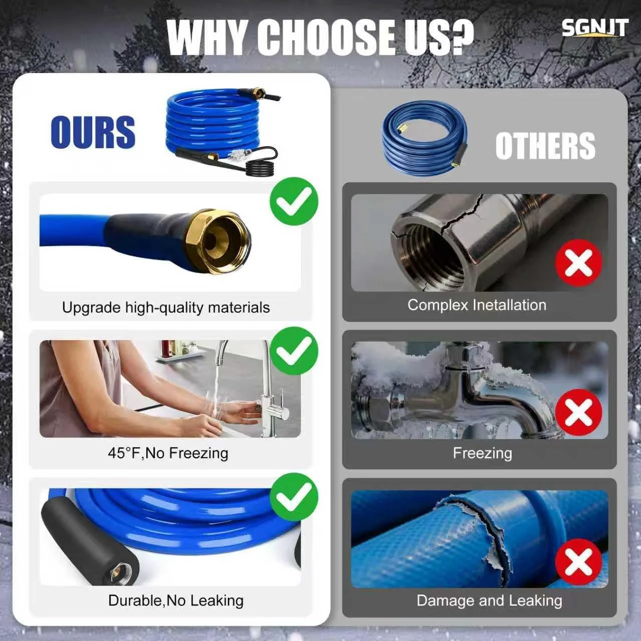Comparison of Heavy Duty 50 Ft Heated RV Water Hose With Thermostat Self Regulating For Winter Use BPA And Lead Free Drinking Water Hose One Half Inch Inner Diameter Cold Weather Ready Down To 40F Blue Camping Must Have RV Accessory with a regular hose, showing benefits like no freezing or leaks.