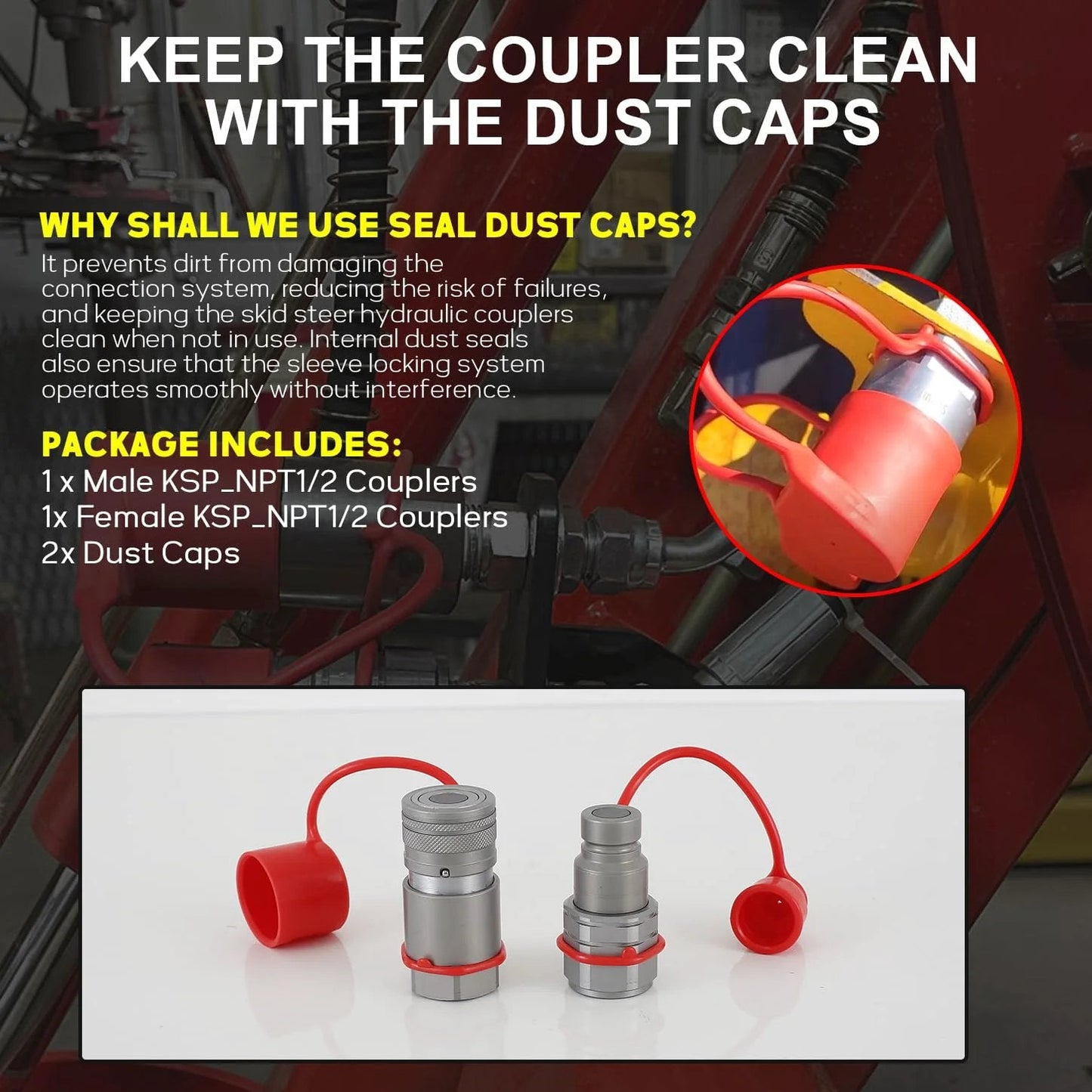 Heavy Duty Three Quarters Inch NPT Hydraulic Quick Connect Coupler Flat Face Fitting for Bobcat Skid Steer and John Deere ISO 16028 shown with dust caps
