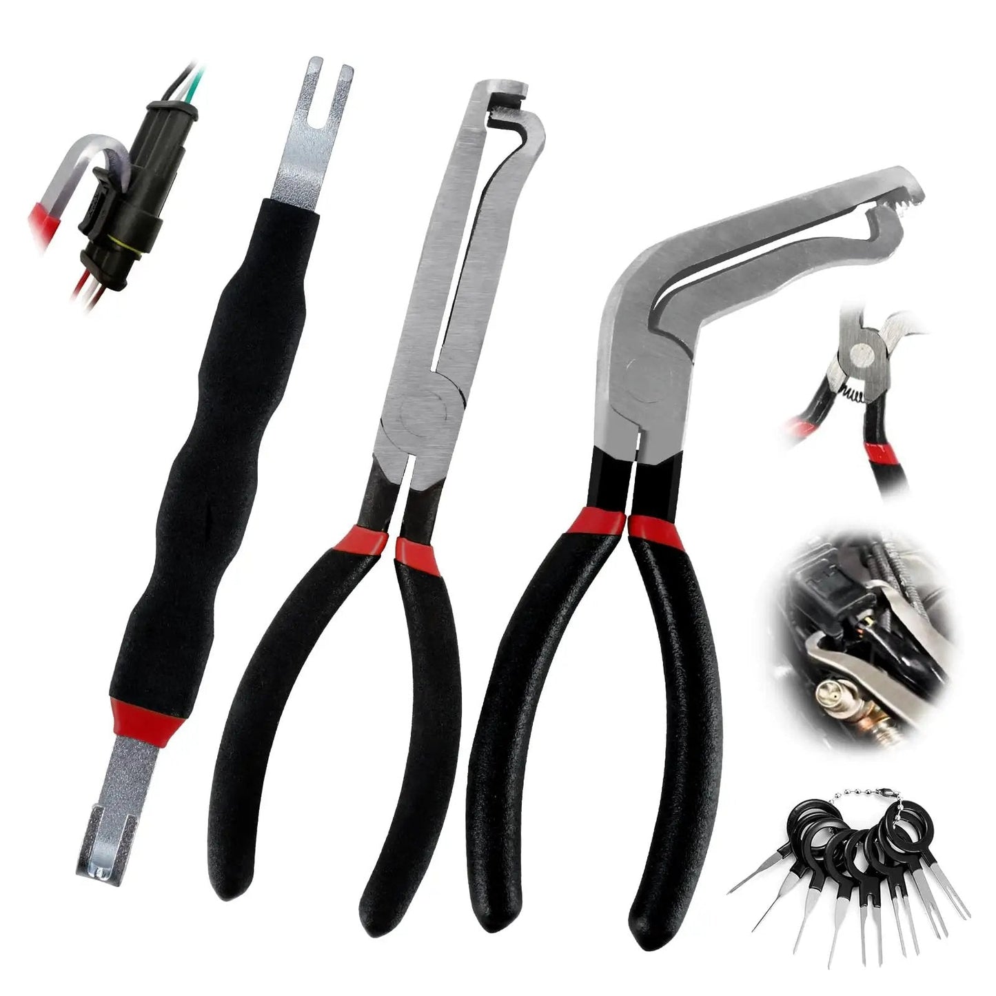 4 Piece Automotive Electrical Disconnect Pliers Set 37960 Straight 37980 60 Degree 13120 Dual Head Carbon Steel Fuel Line Disconnect Tools for Cars Mechanics and DIYers - includes various pliers and tools.