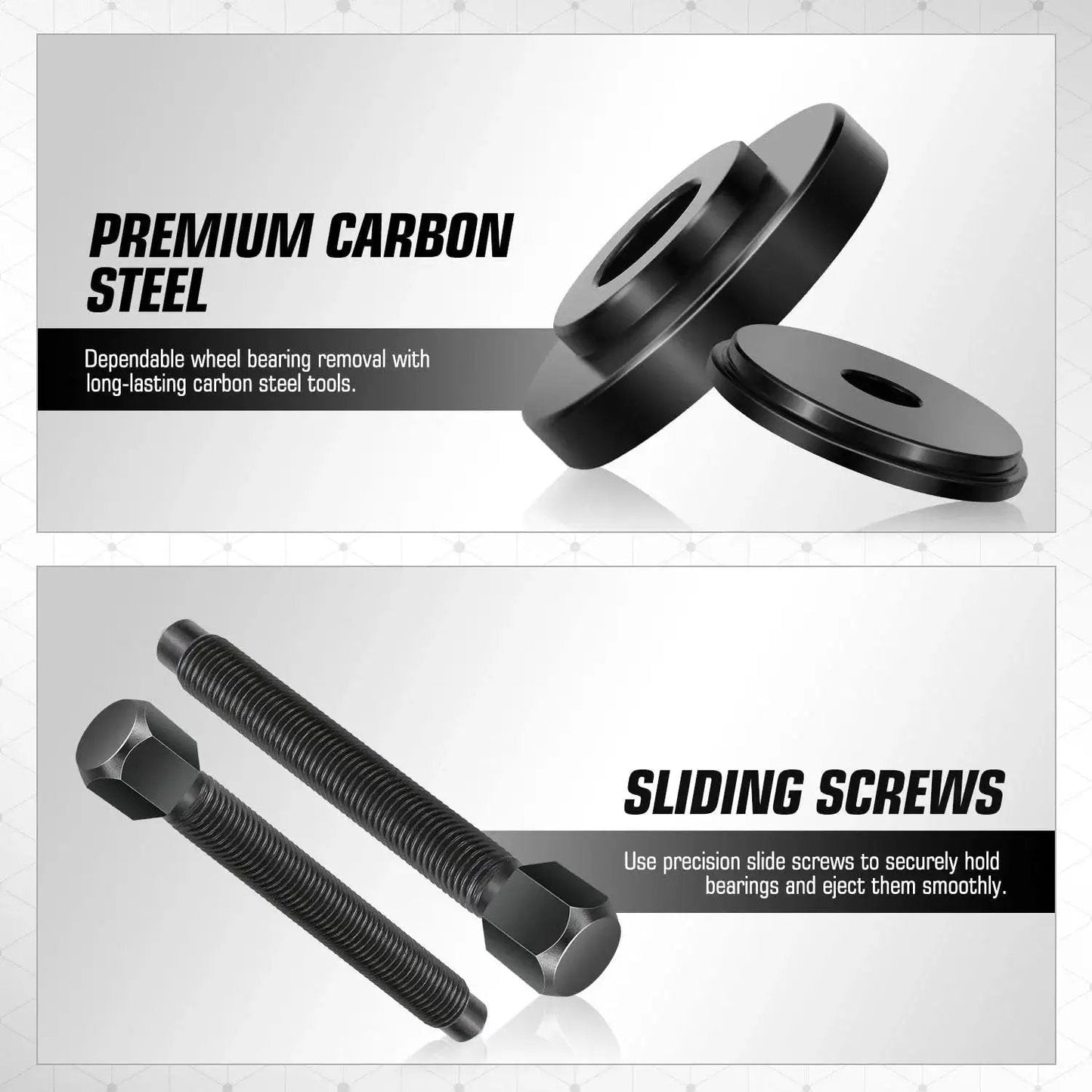 19 Piece Front Wheel Bearing Press Kit With Bearing Puller Tools showcasing durable carbon steel construction and sliding screws.