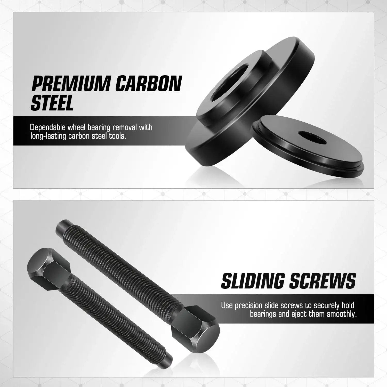 19 Piece Front Wheel Bearing Press Kit With Bearing Puller Tools showcasing durable carbon steel construction and sliding screws.