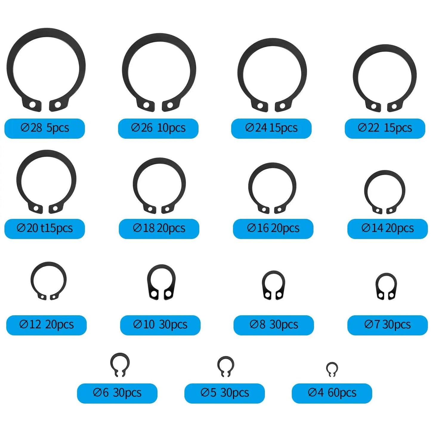 15 sizes of snap rings from the 350 Pieces Retaining Rings Kit External Circlips Snap Rings C Clips Assortment Set In 15 Sizes Heavy Duty 65Mn Steel
