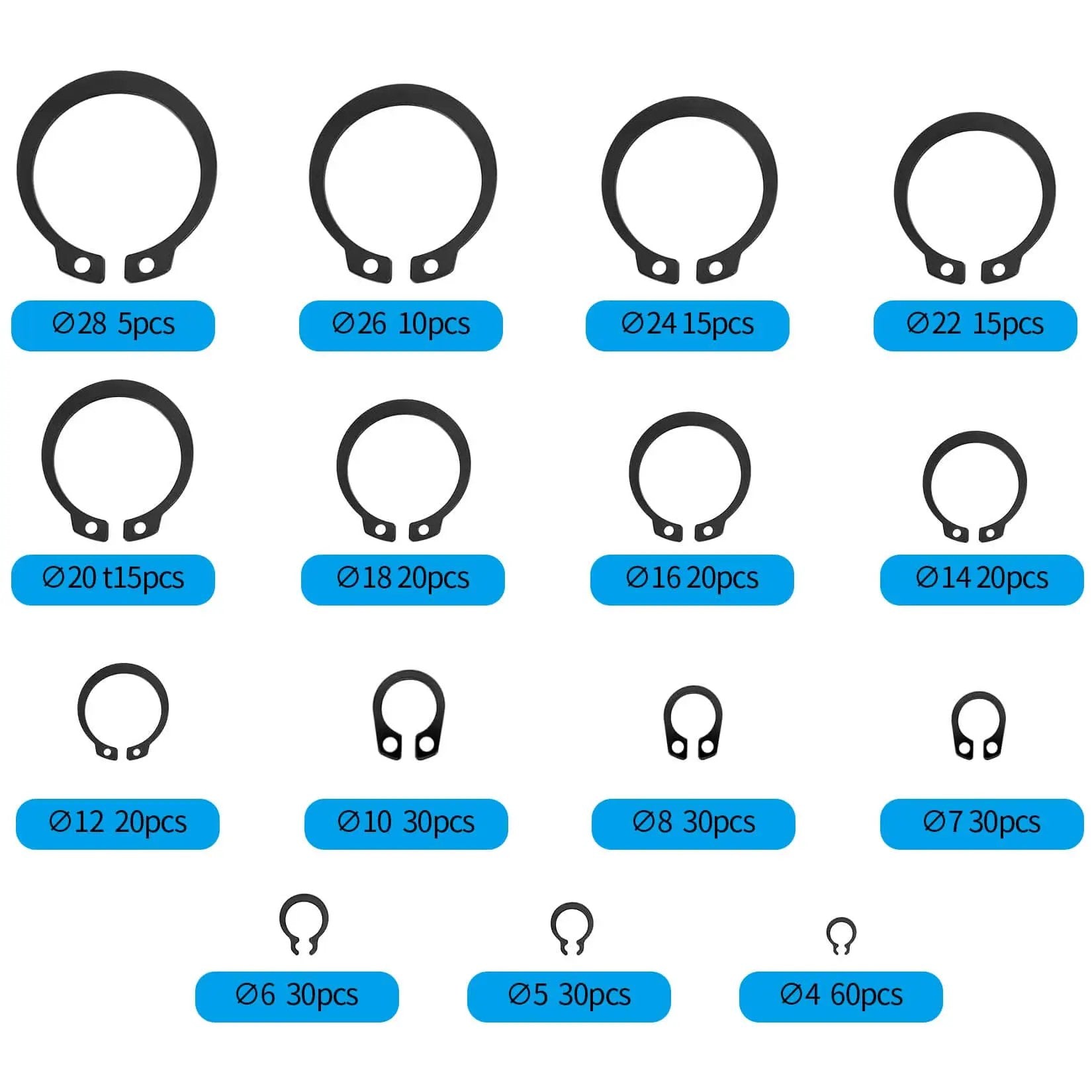 15 sizes of snap rings from the 350 Pieces Retaining Rings Kit External Circlips Snap Rings C Clips Assortment Set In 15 Sizes Heavy Duty 65Mn Steel