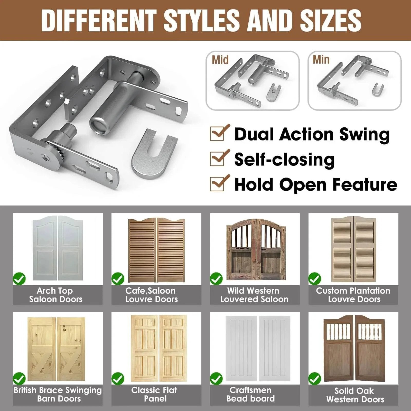Stainless Steel Cafe Door Hinges With Self Closing And Two Way Swing For Louvre Doors And Saloon Doors. Different styles overview.
