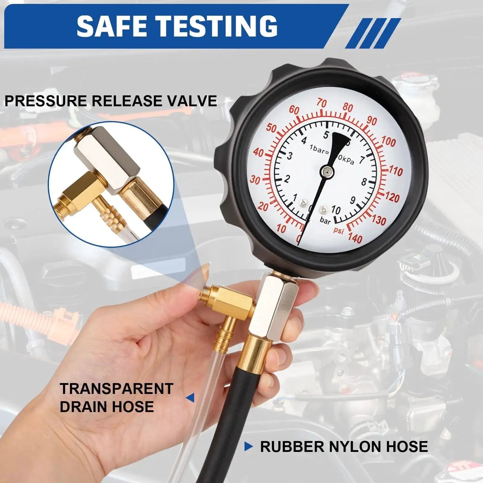Close-up view of Diesel Fuel Pressure Tester Kit 0-140 PSI with adapters, showing gauge and hose connections.